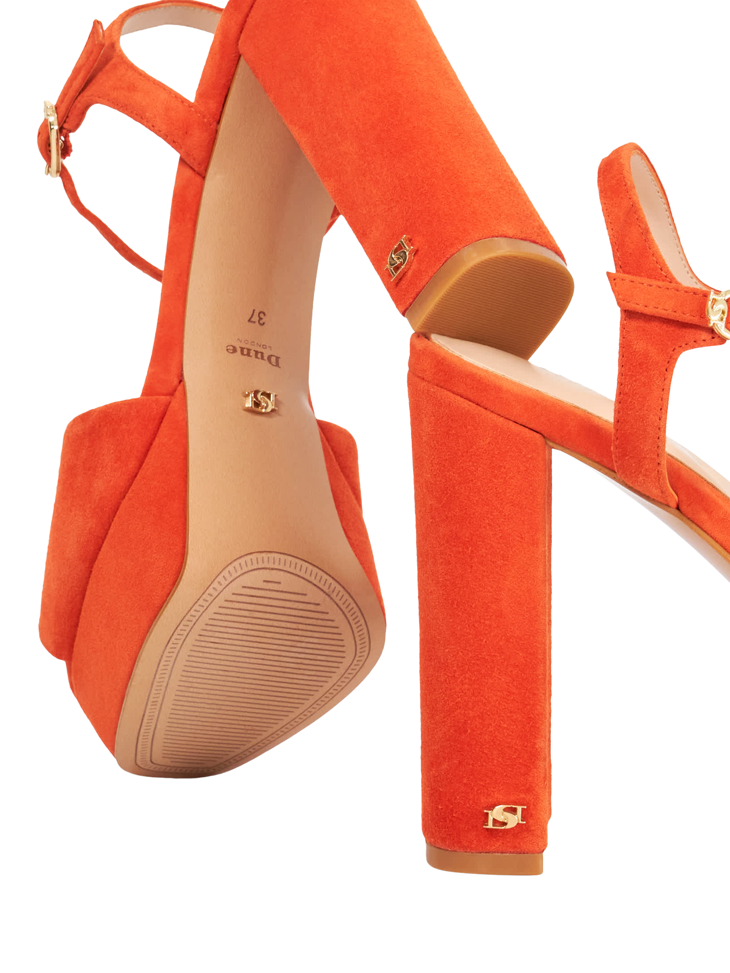 Product image 6 of 6, which shows Dune London Mayci Suede Heeled Platform Sandals, Orange, EU36