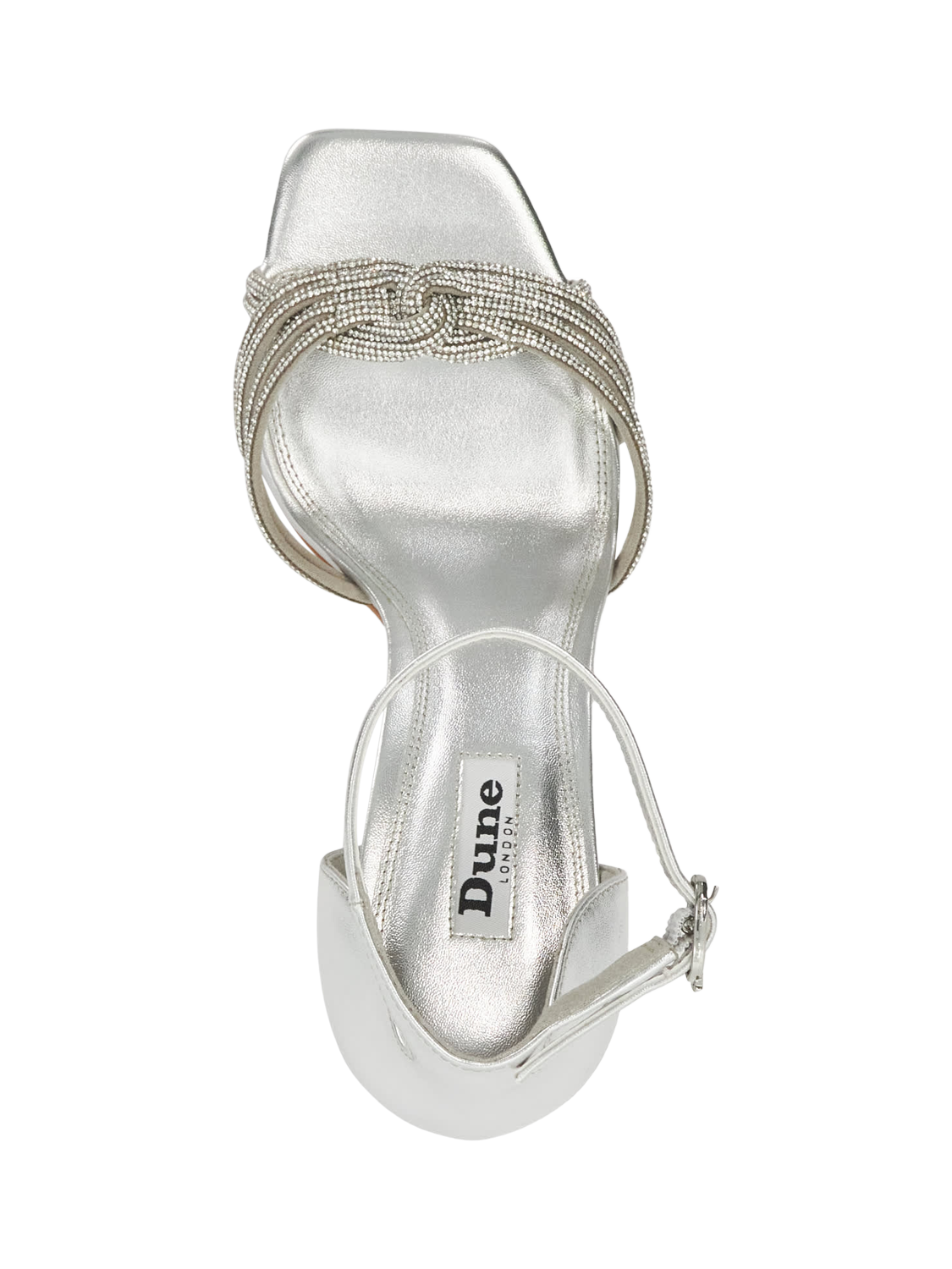 Product image 3 of 6, which shows Dune London Militant Diamante Knot Metallic Heeled Sandals, Silver, EU36