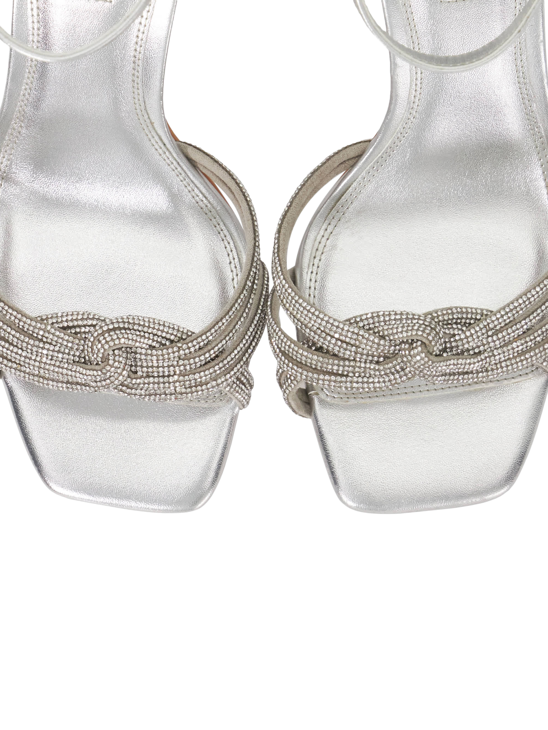 Product image 6 of 6, which shows Dune London Militant Diamante Knot Metallic Heeled Sandals, Silver, EU36