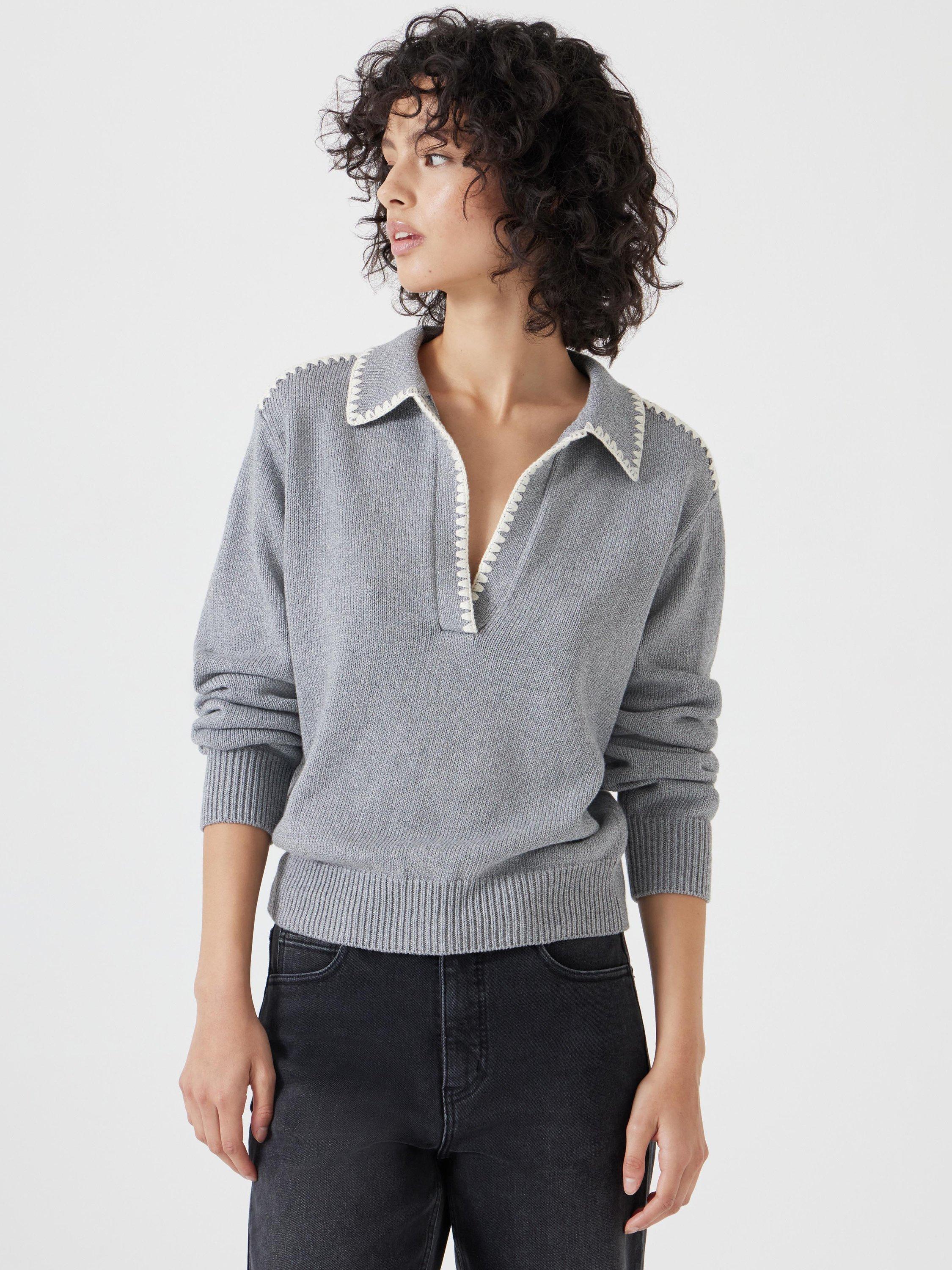 Product image 1 of 5, which shows HUSH Whipstitch Collar Jumper, Mid Grey Marl, L