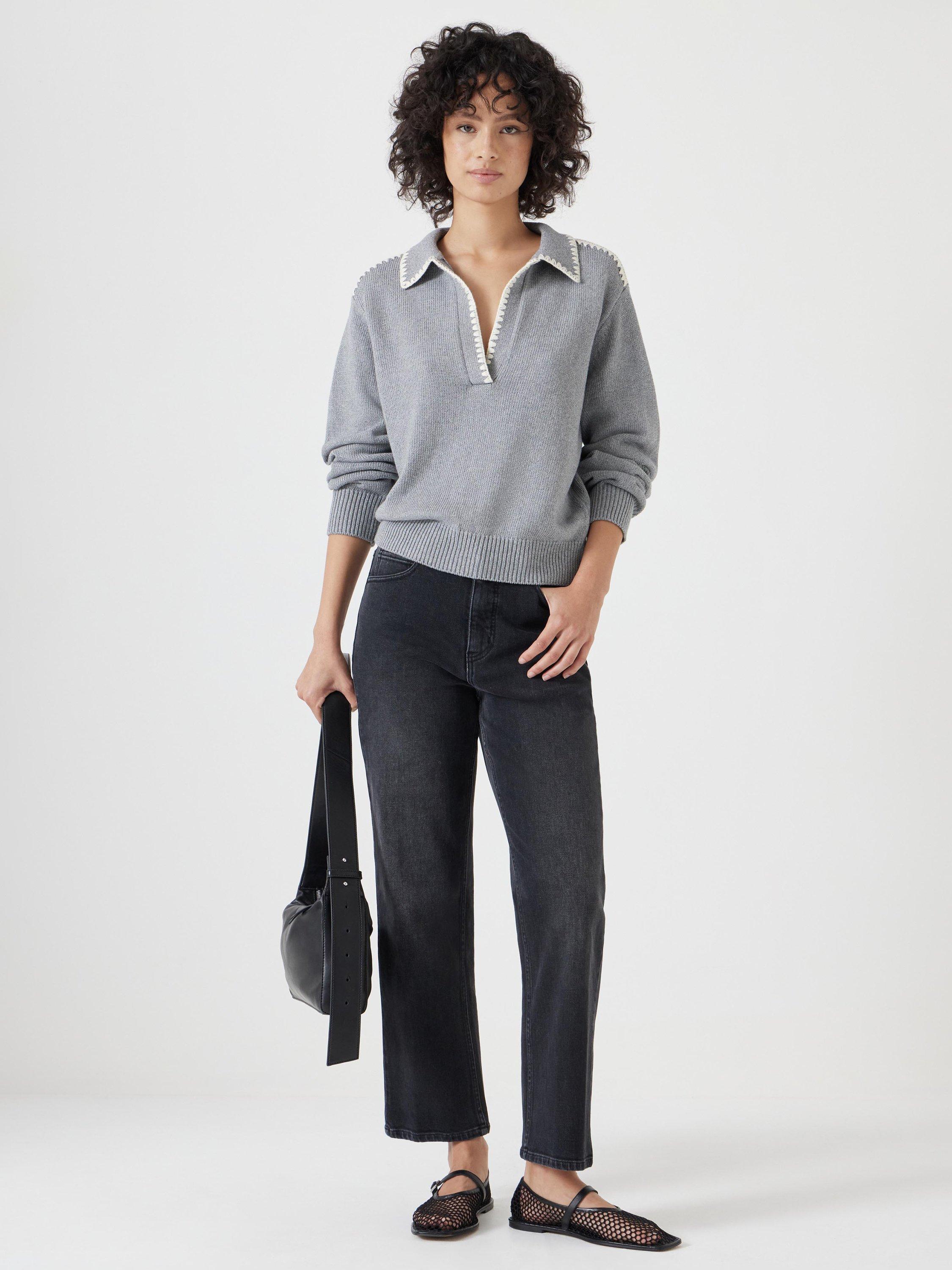 Product image 2 of 5, which shows HUSH Whipstitch Collar Jumper, Mid Grey Marl, L