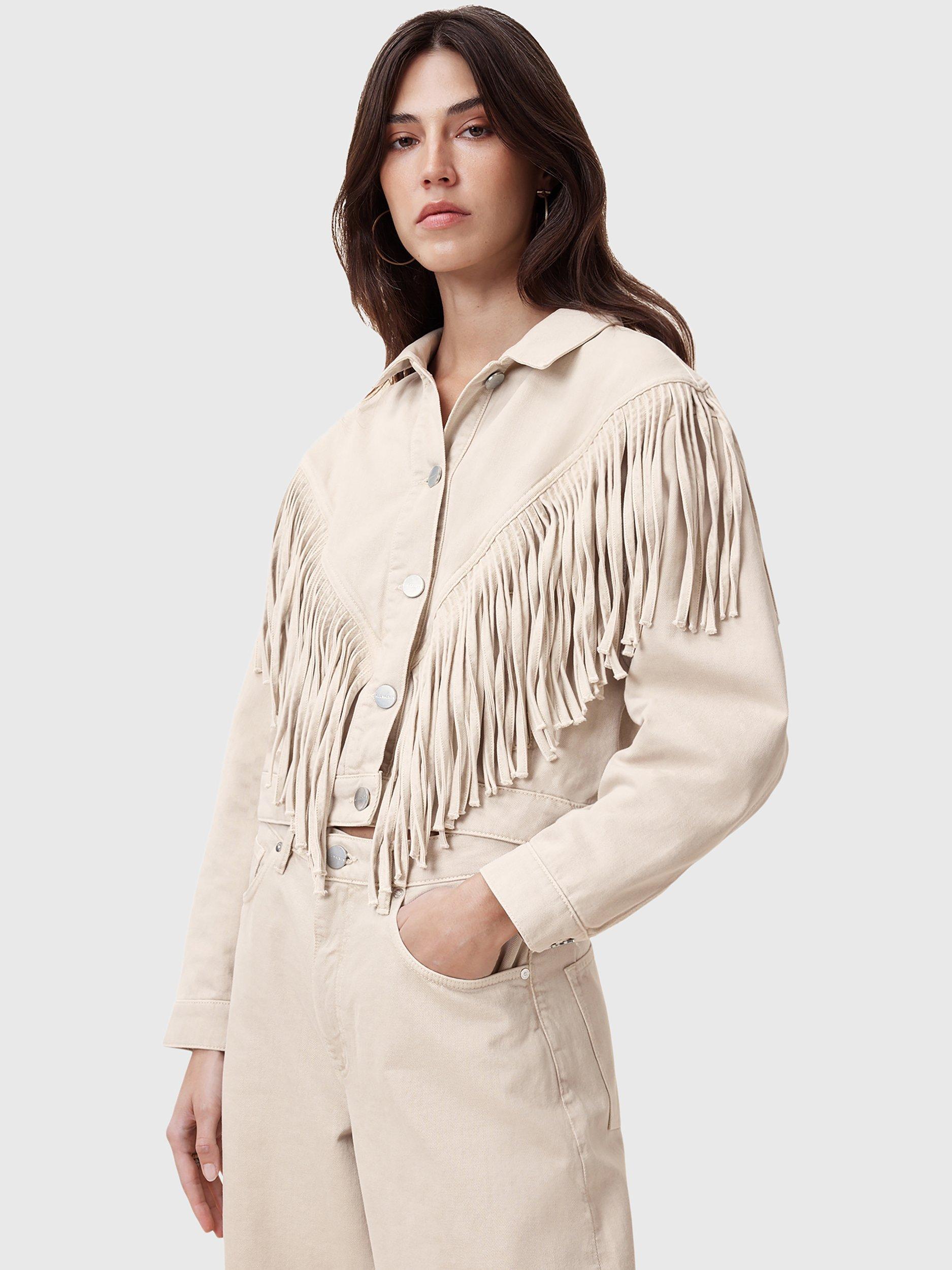 AllSaints Marlene Organic Cotton Blend Fringe Jacket, Off White