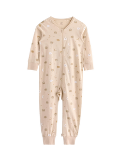 Lindex Baby Cotton Bear Print Sleepsuit, Light Beige, Light Beige