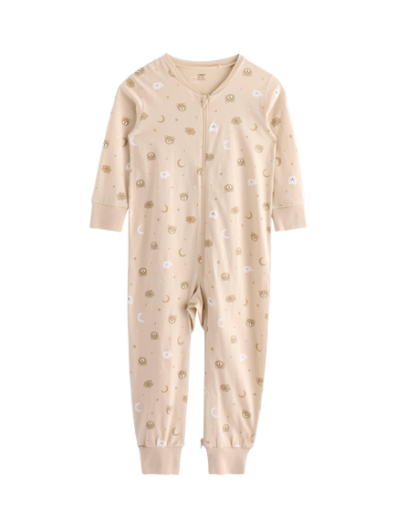 Lindex Baby Cotton Bear Print Sleepsuit, Light Beige, Light Beige