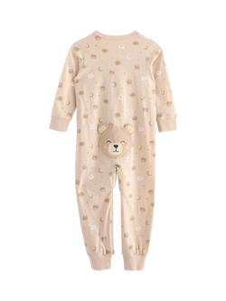 Lindex Baby Cotton Bear Print Sleepsuit, Light Beige - view 2, Light Beige