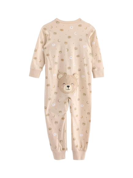 Lindex Baby Cotton Bear Print Sleepsuit, Light Beige - view 2, Light Beige