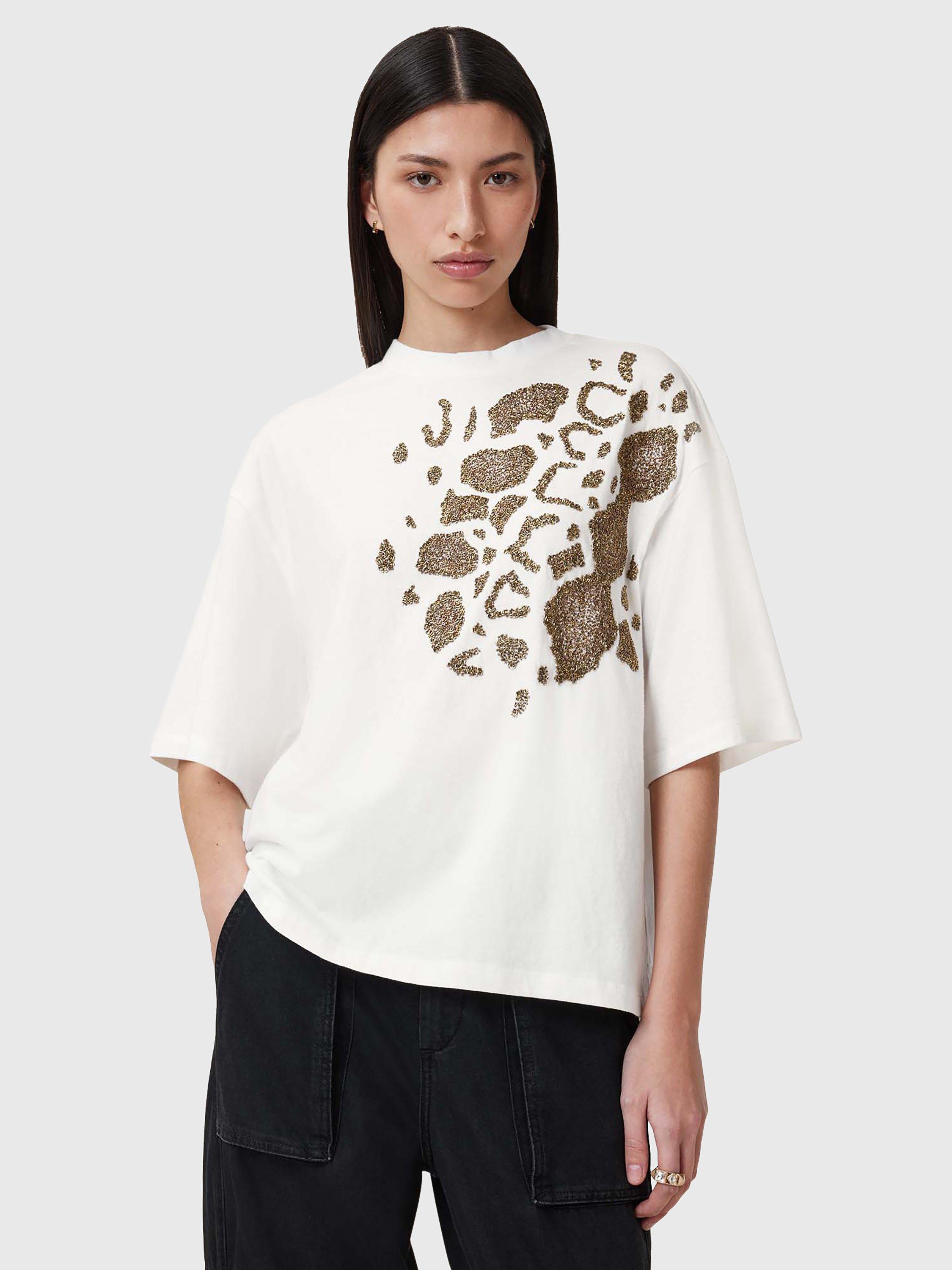 AllSaints Flow Leopard Embellished Pure Organic Cotton T-Shirt, White