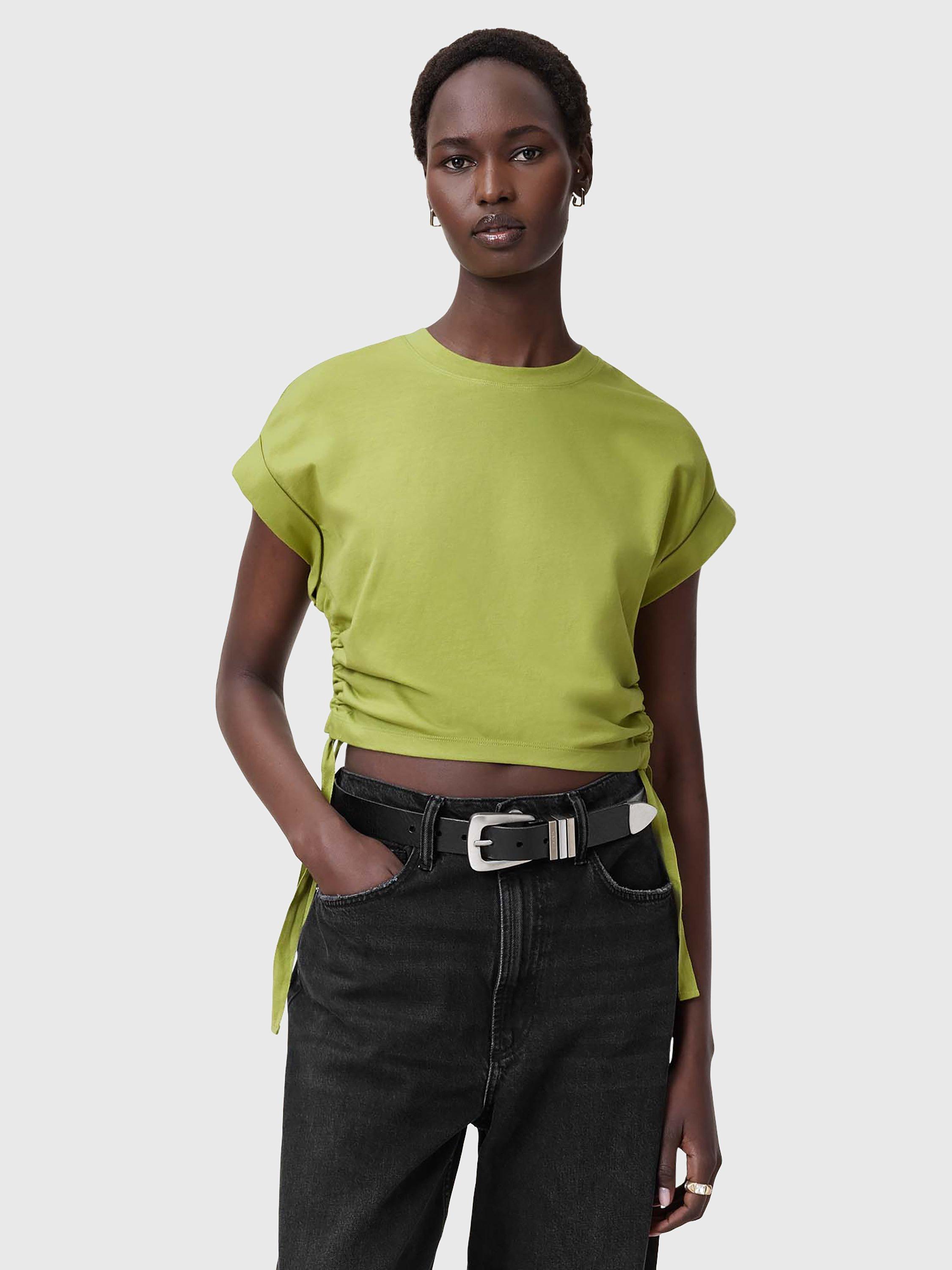 Product image 1 of 7, which shows AllSaints Mira Pure Organic Cotton Ruched T-Shirt, Unity Green, XS