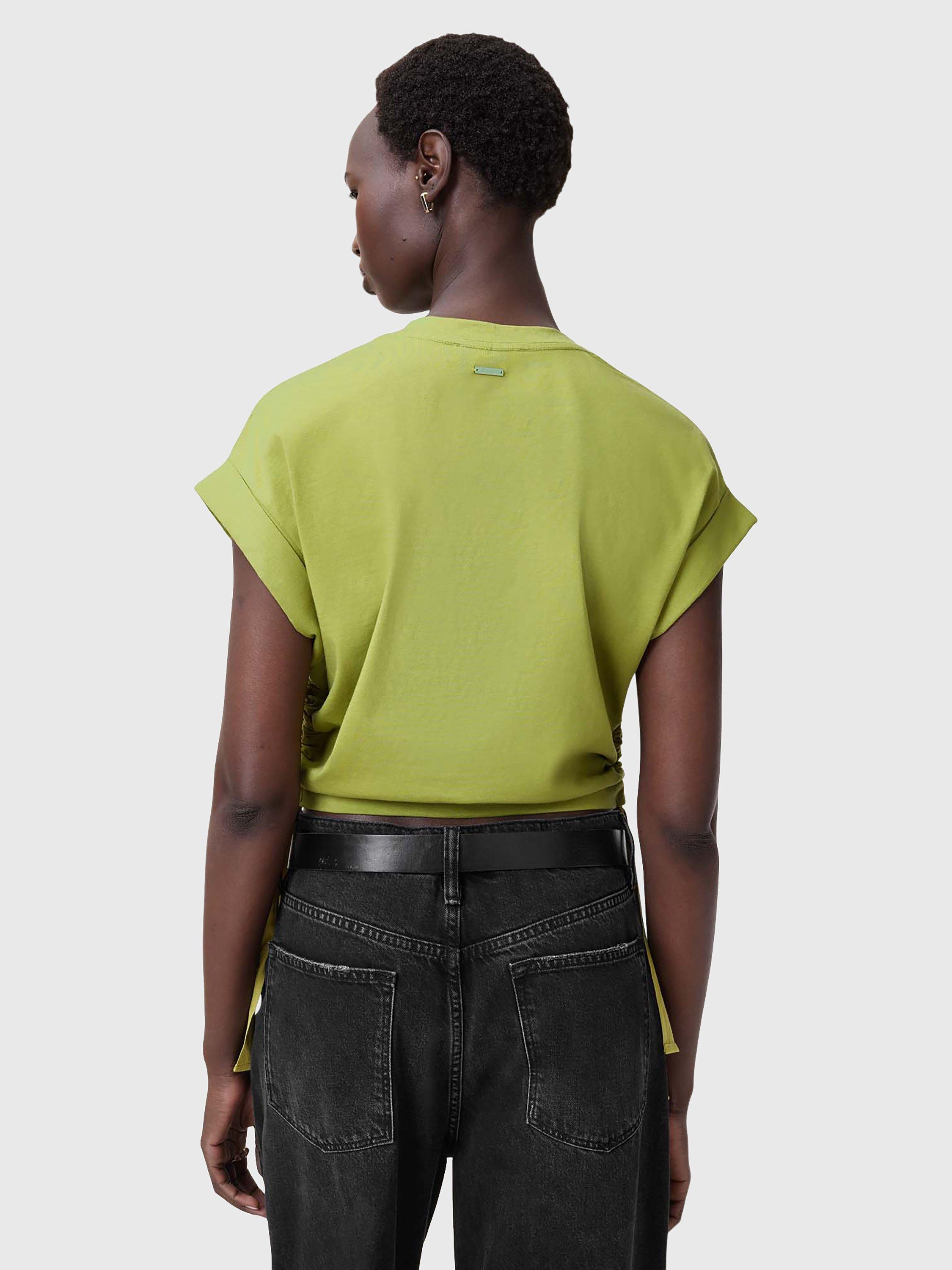 Product image 2 of 7, which shows AllSaints Mira Pure Organic Cotton Ruched T-Shirt, Unity Green, XS