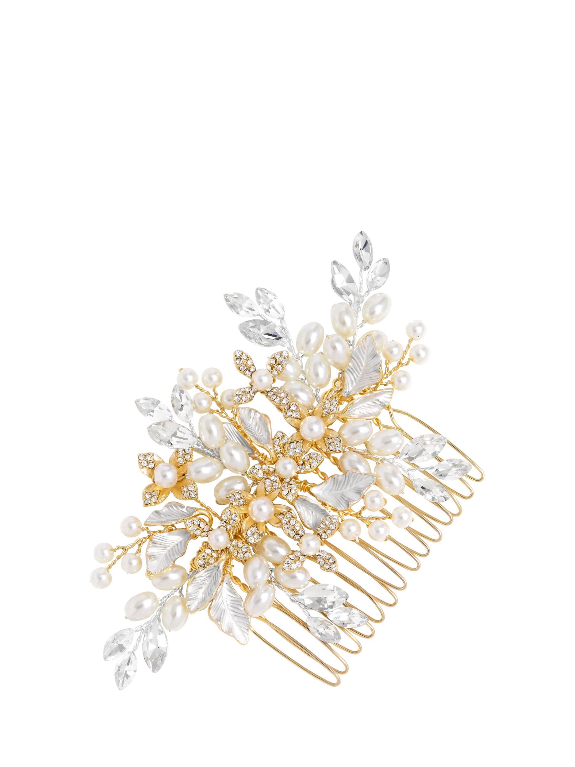 Product image 1 of 3, which shows Jon Richard Pearl And Crystal Floral Hair Comb, Gold, One Size