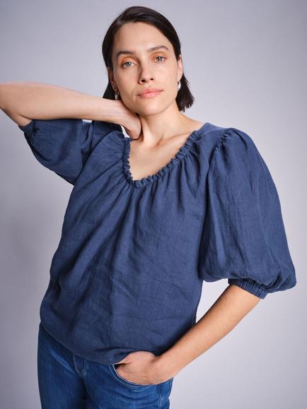 MOS MOSH Taissa Linen Short Sleeve Blouse, Mid Blue