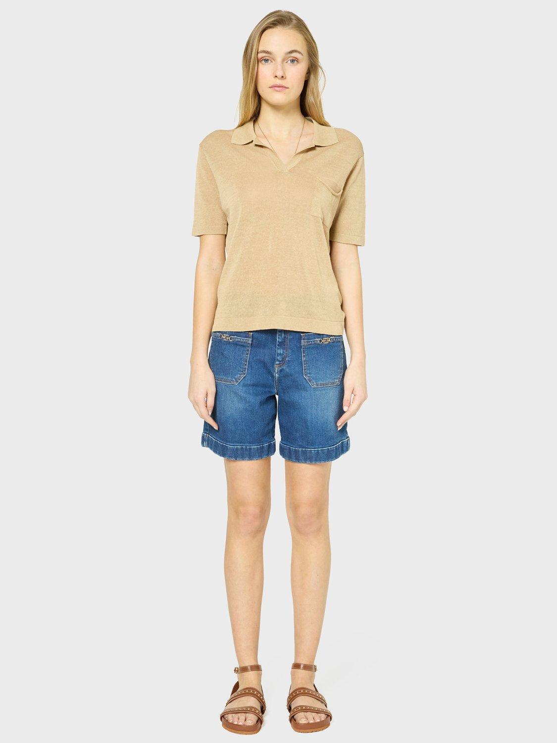 Product image 2 of 6, which shows Gerard Darel Jasmine Linen Blend Polo Top, Brown, 6