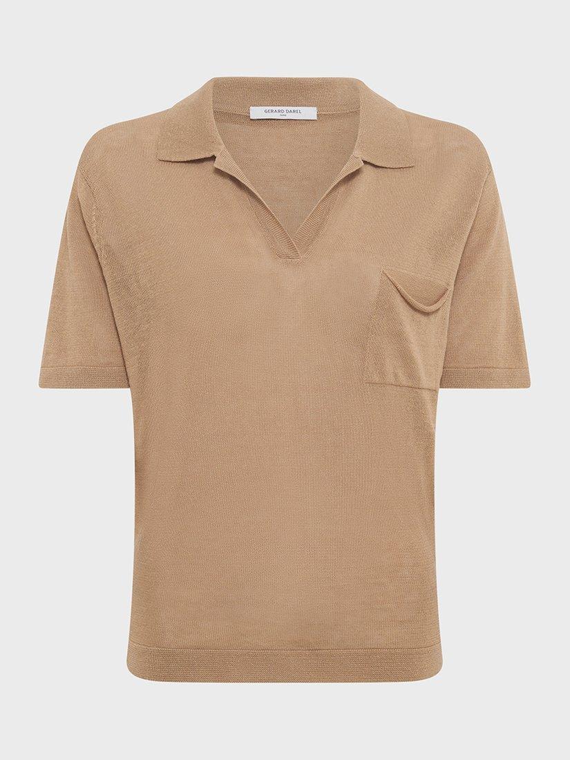 Product image 4 of 6, which shows Gerard Darel Jasmine Linen Blend Polo Top, Brown, 6