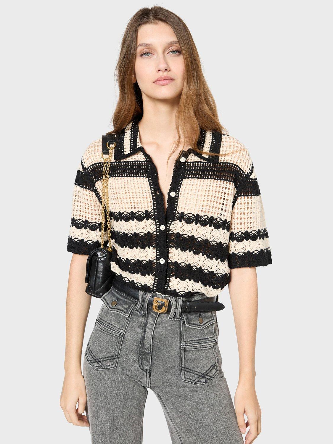 Product image 1 of 6, which shows Gerard Darel Jolene Stripe Openwork Shirt, Cream/Black, 10