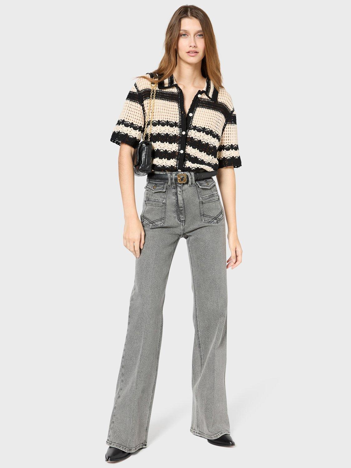 Product image 5 of 6, which shows Gerard Darel Jolene Stripe Openwork Shirt, Cream/Black, 10