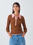 AND/OR Colour Contrast Knit Polo Shirt, Toffee/Pink