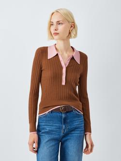 AND/OR Colour Contrast Knit Polo Shirt, Toffee/Pink, Toffee/Pink