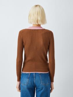 AND/OR Colour Contrast Knit Polo Shirt, Toffee/Pink - view 2, Toffee/Pink