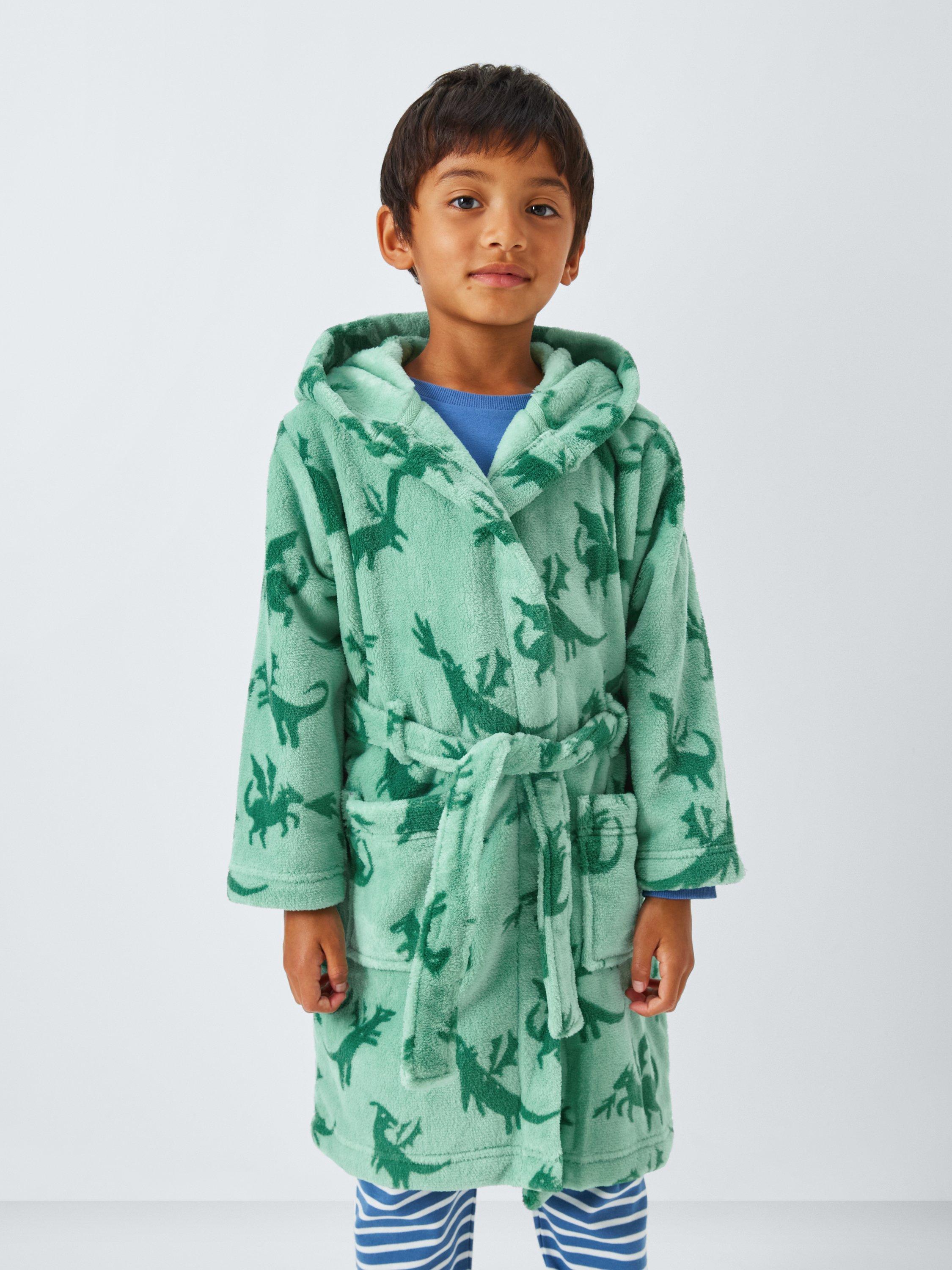 Product image 1 of 7, which shows John Lewis Kids' Dragon Fleece Bath Robe, Green, 3-4 years