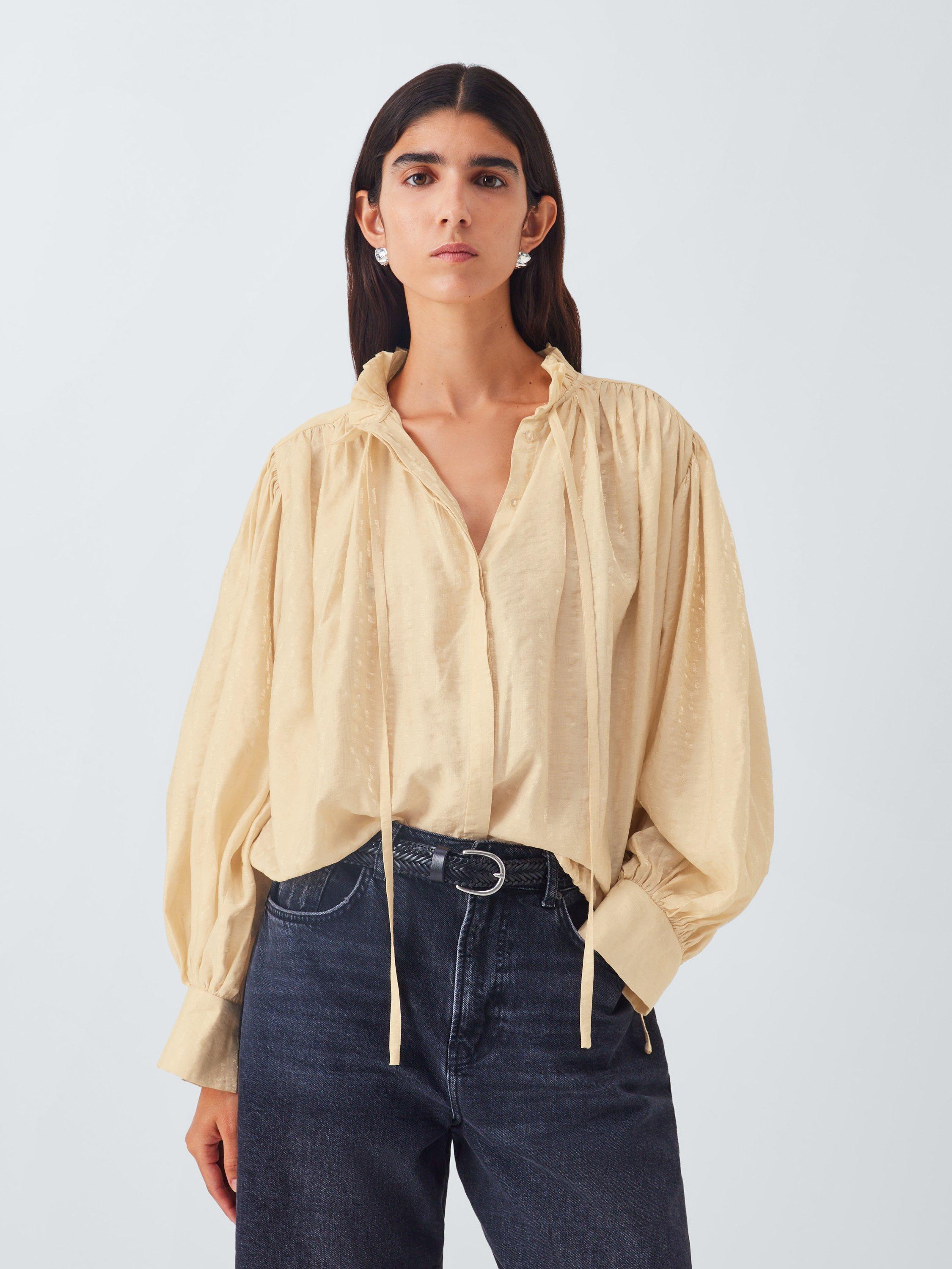 Product image 1 of 6, which shows AND/OR Boho Tie Neck Blouse, Cream, 6