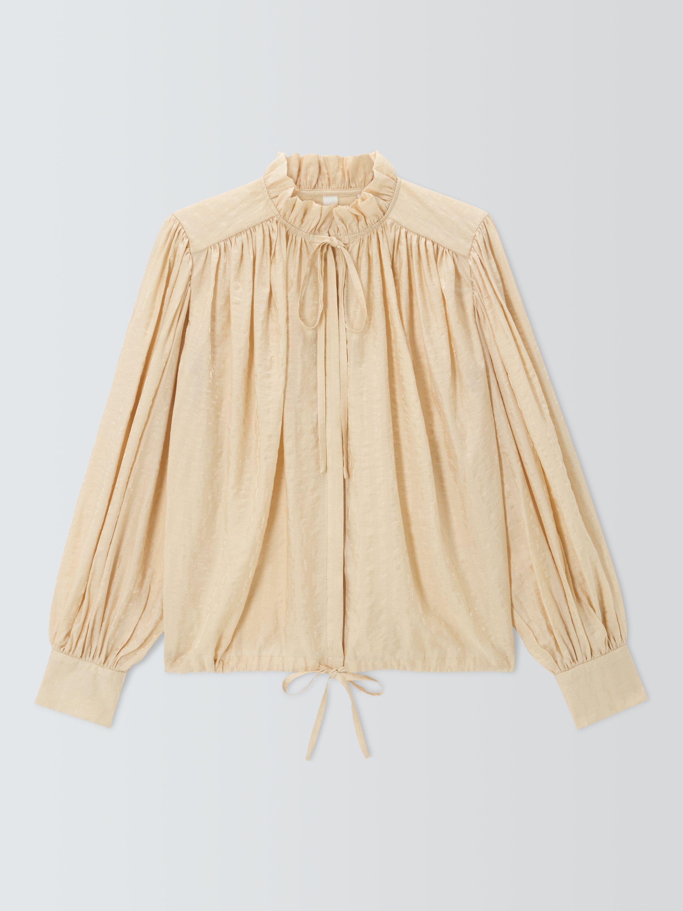 Product image 4 of 6, which shows AND/OR Boho Tie Neck Blouse, Cream, 6