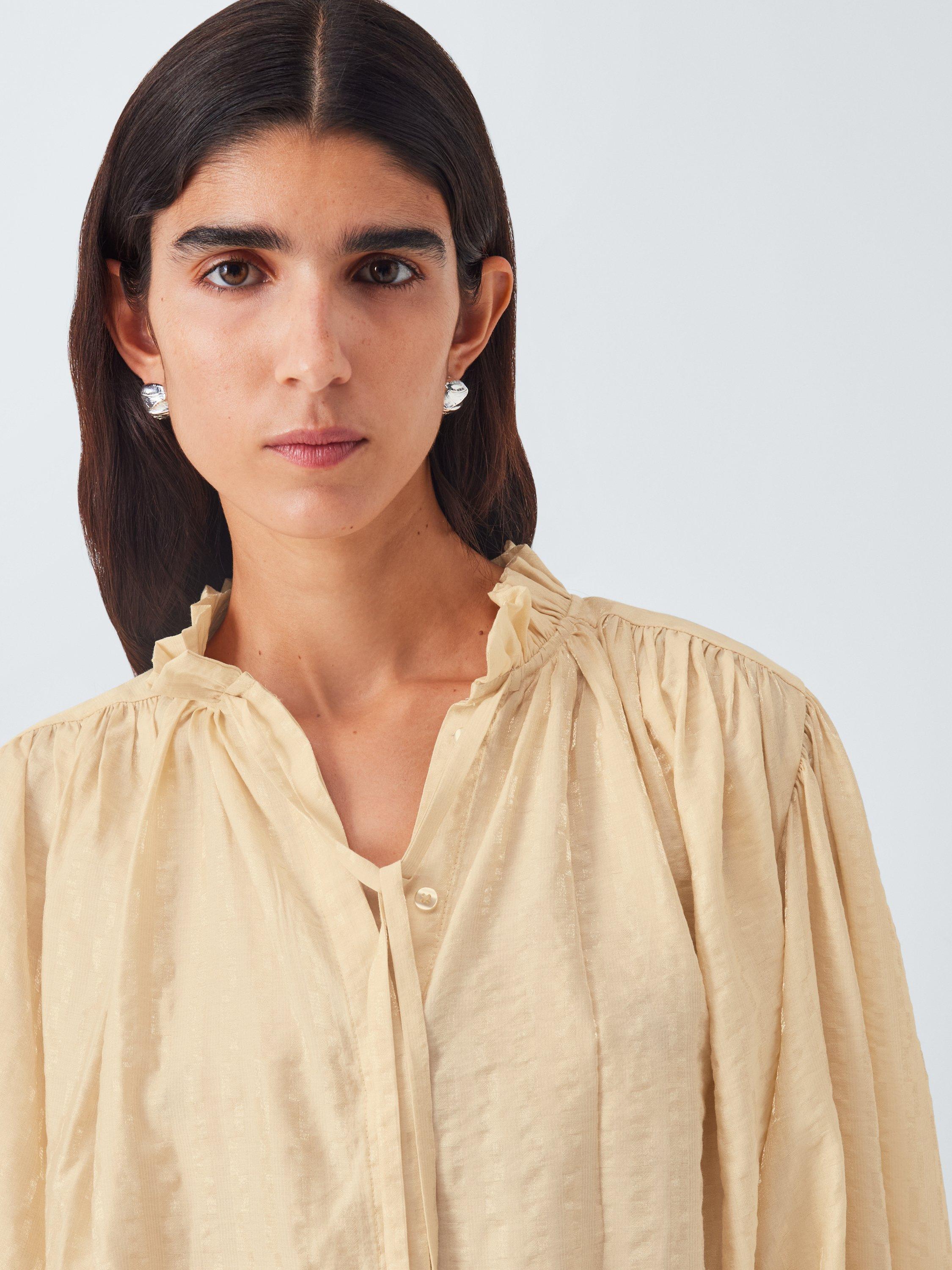 Product image 5 of 6, which shows AND/OR Boho Tie Neck Blouse, Cream, 6