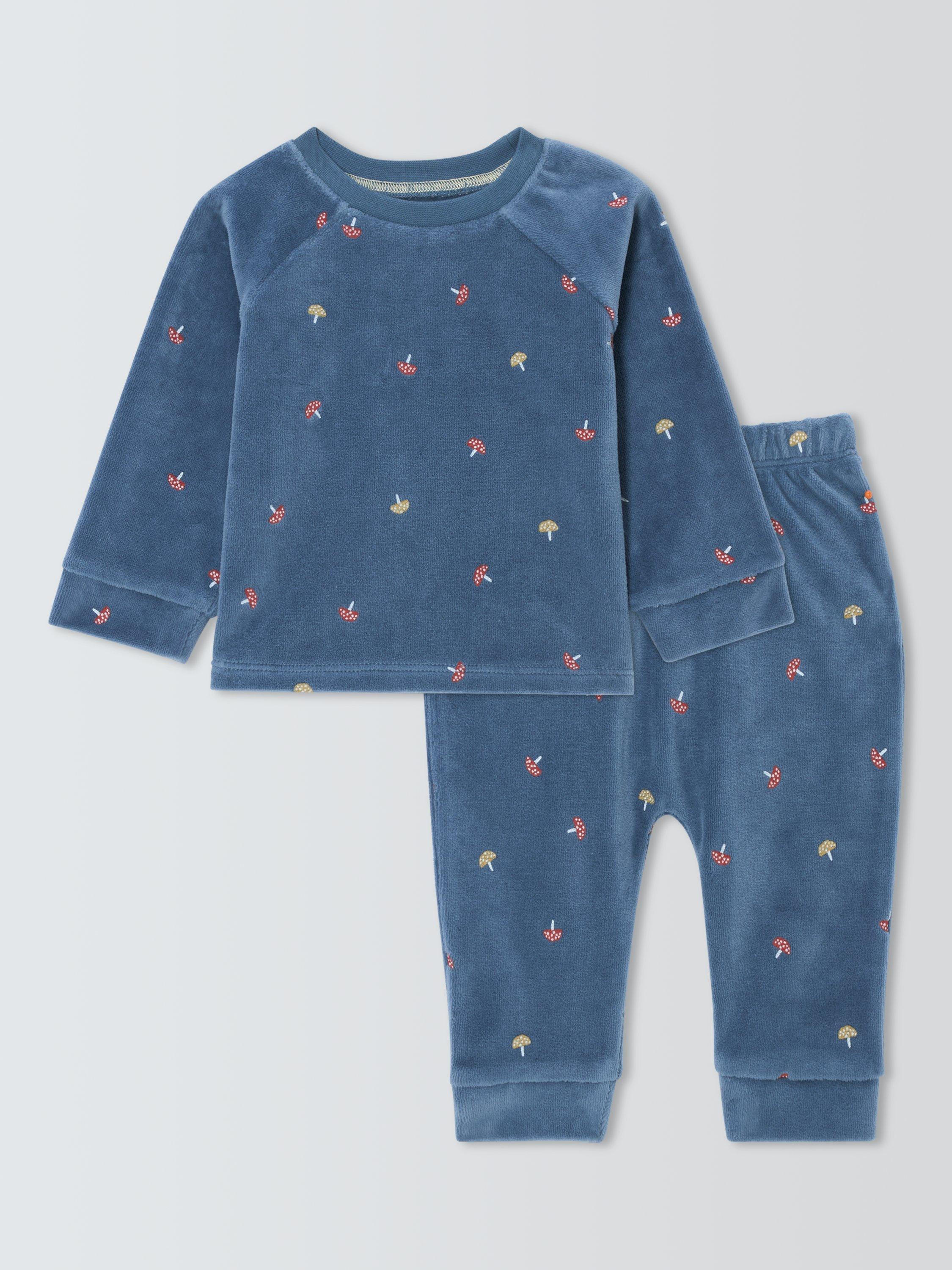 Product image 1 of 3, which shows John Lewis Baby Mushroom Velour Pyjamas, Blue, 3-6 months