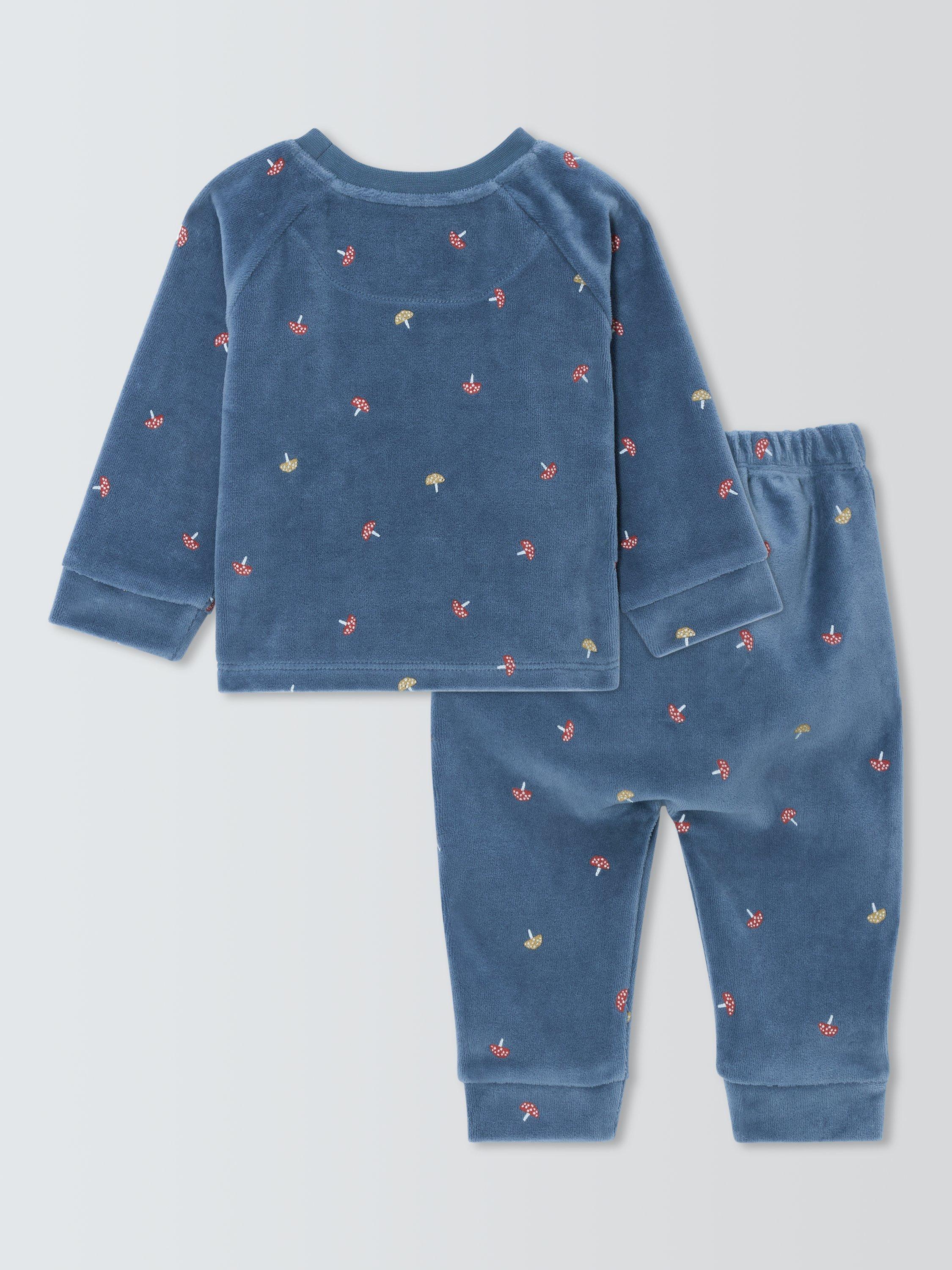 Product image 2 of 3, which shows John Lewis Baby Mushroom Velour Pyjamas, Blue, 3-6 months