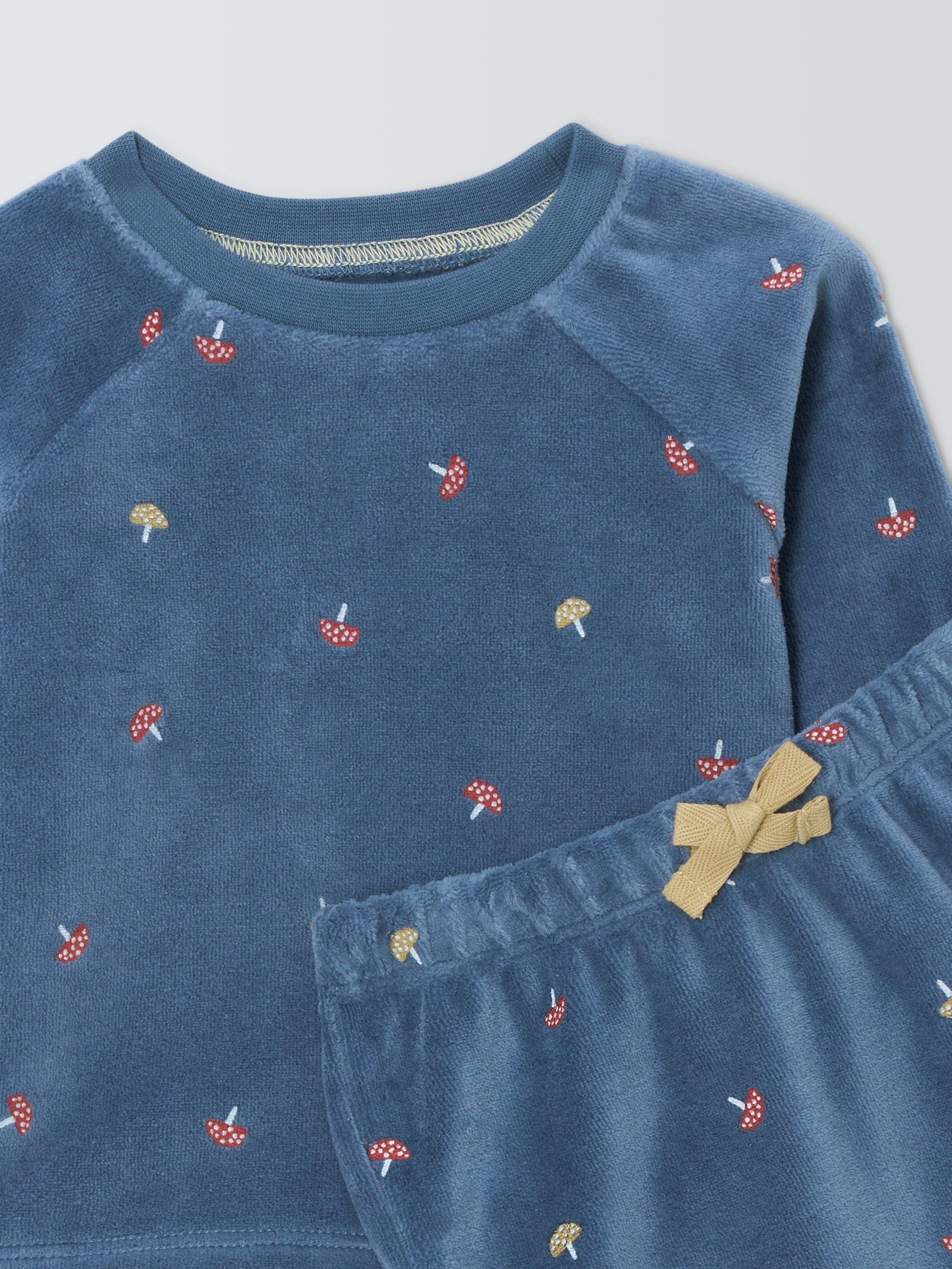 Product image 3 of 3, which shows John Lewis Baby Mushroom Velour Pyjamas, Blue, 3-6 months