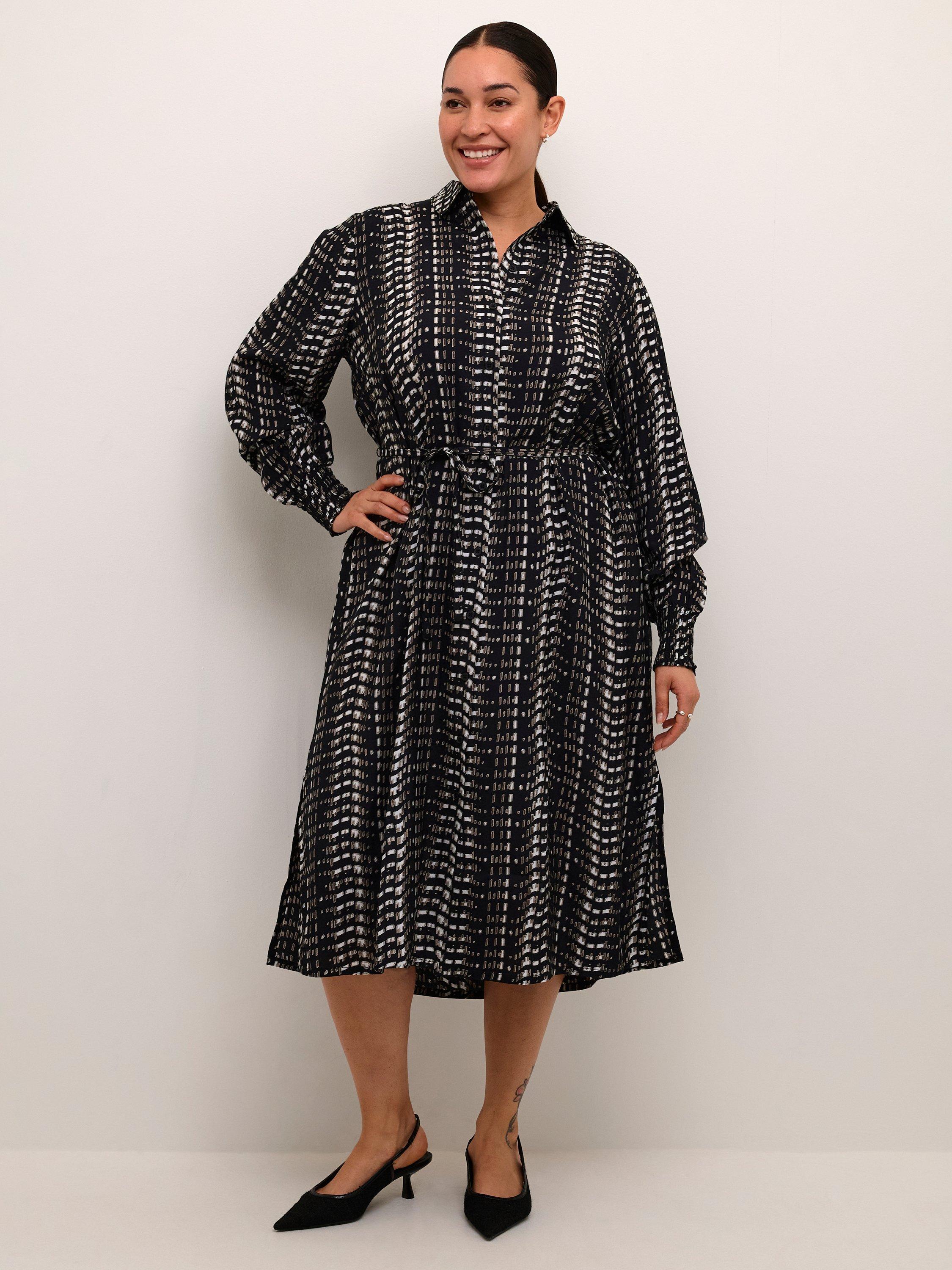 Product image 1 of 5, which shows KAFFE Curve Calicia Graphic Shirt Dress, Black/Multi, 20