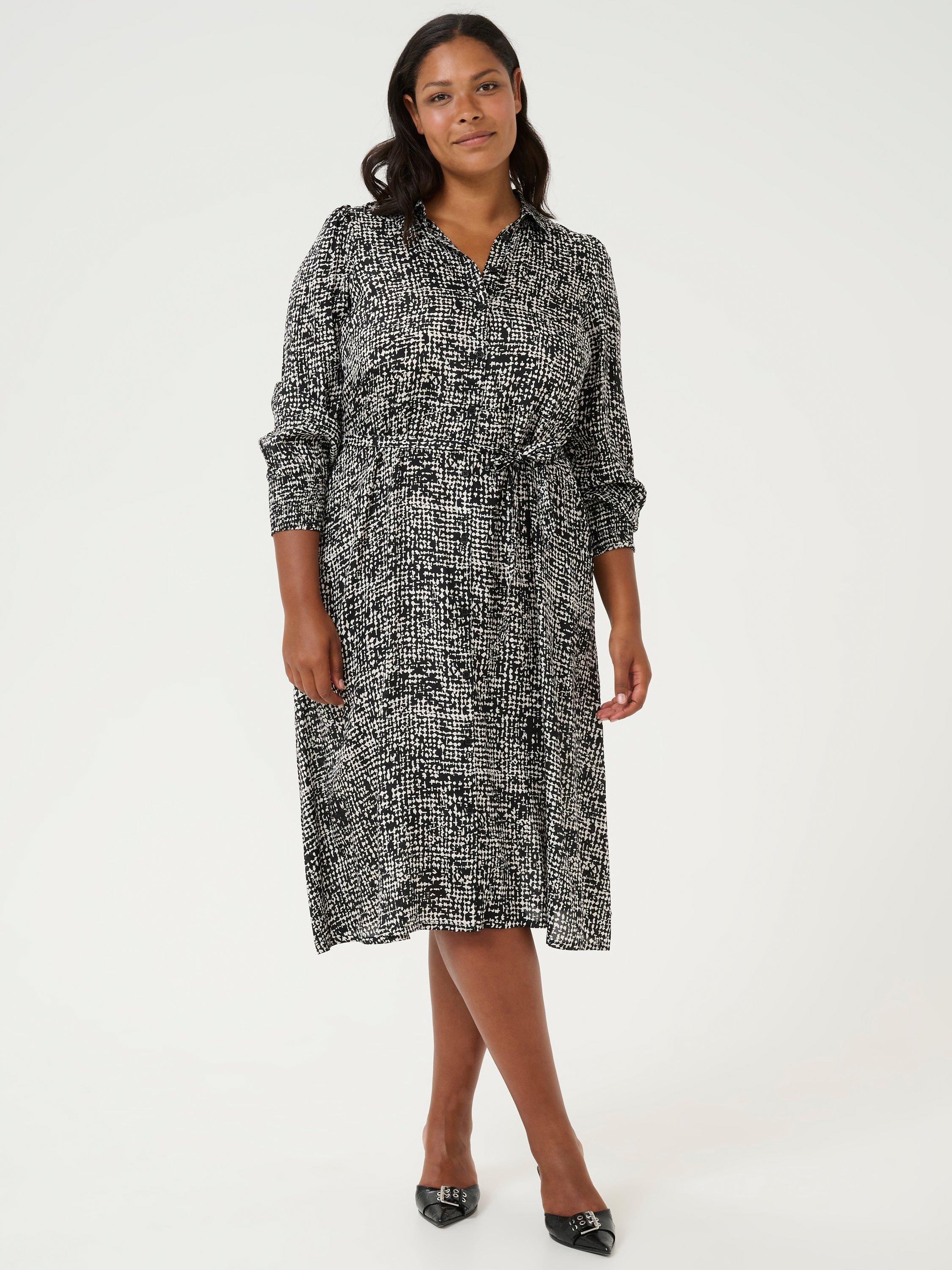 Product image 1 of 5, which shows KAFFE Curve Shana Graphic Dot Shirt Dress, Black/Multi, 22