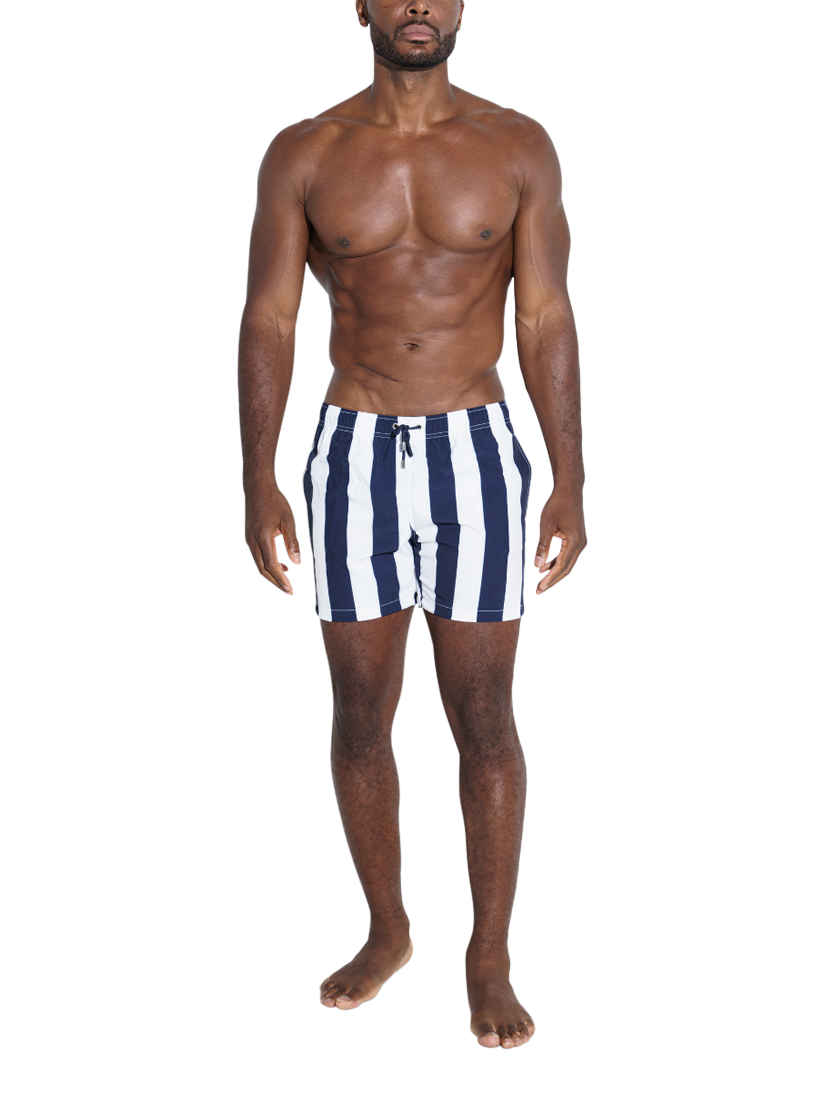 Product image 3 of 4, which shows Panos Emporio Retro Stripe Swim Shorts, Navy/White, S