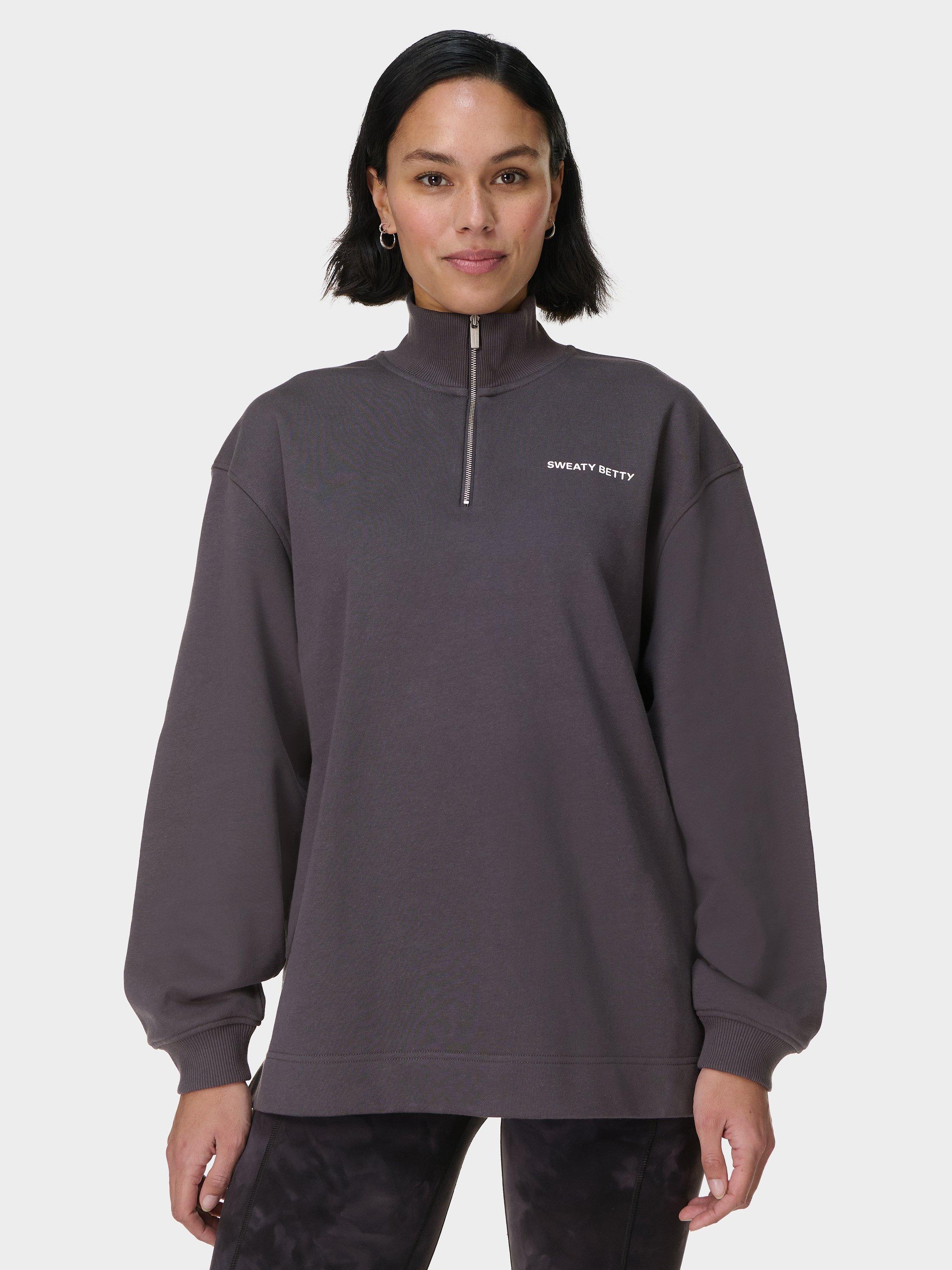 Product image 1 of 8, which shows Sweaty Betty Revive Organic Cotton Rich Longline 1/2 Zip Jumper, Urban Grey, XXS-XS