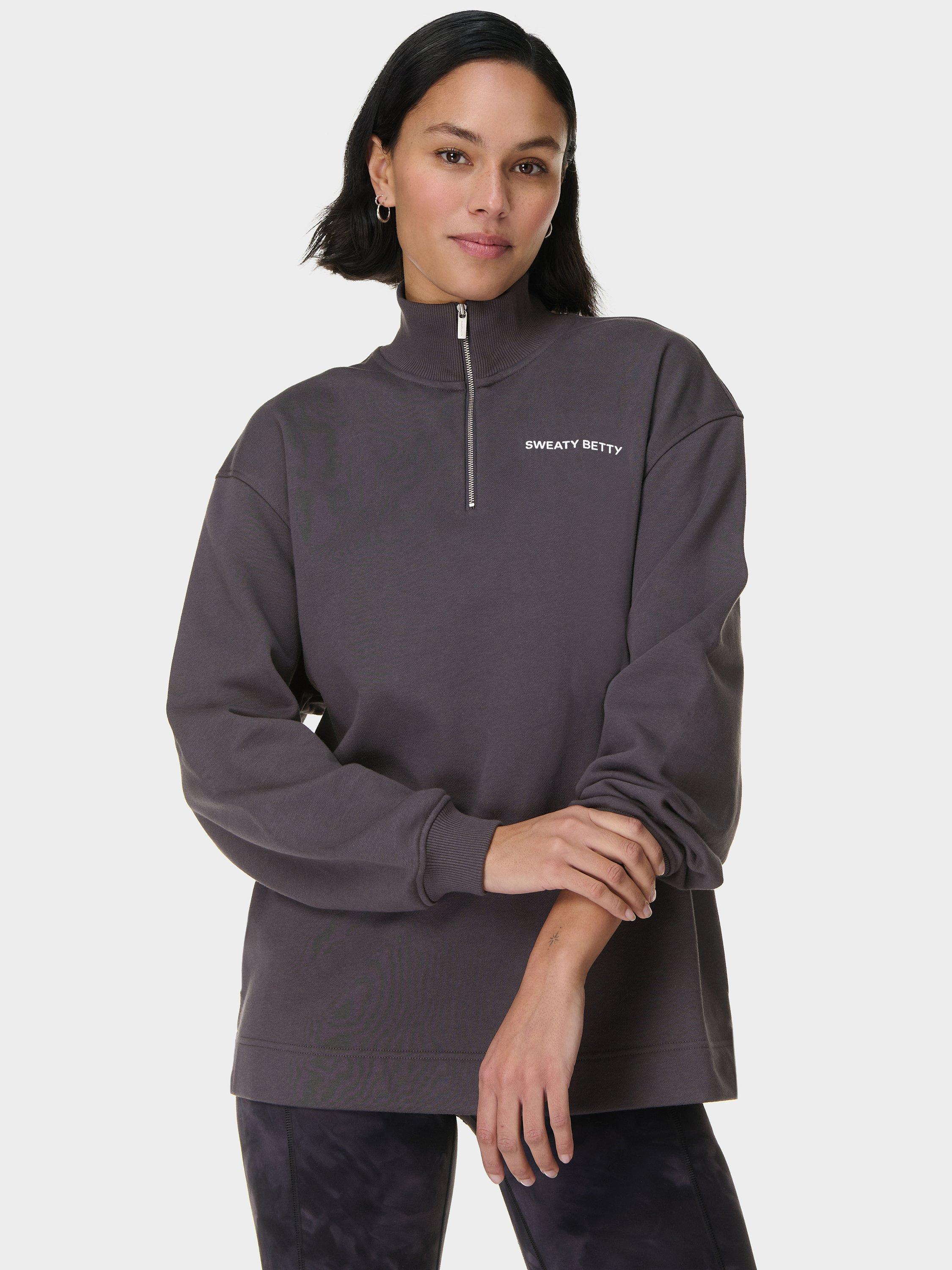 Product image 2 of 8, which shows Sweaty Betty Revive Organic Cotton Rich Longline 1/2 Zip Jumper, Urban Grey, XXS-XS