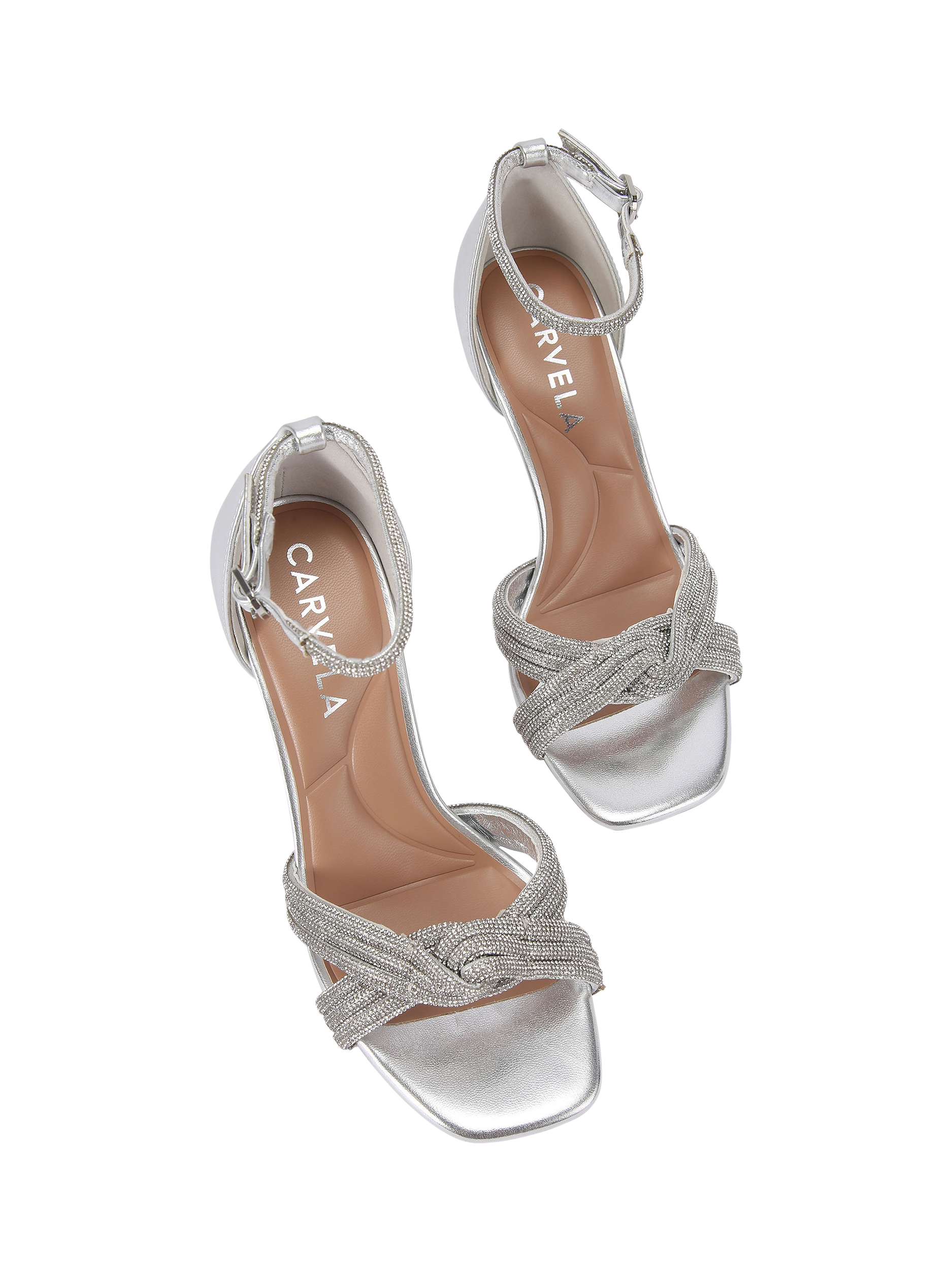 Product image 3 of 5, which shows Carvela Arielle Embellished Knot Heeled Sandals, Silver, 3