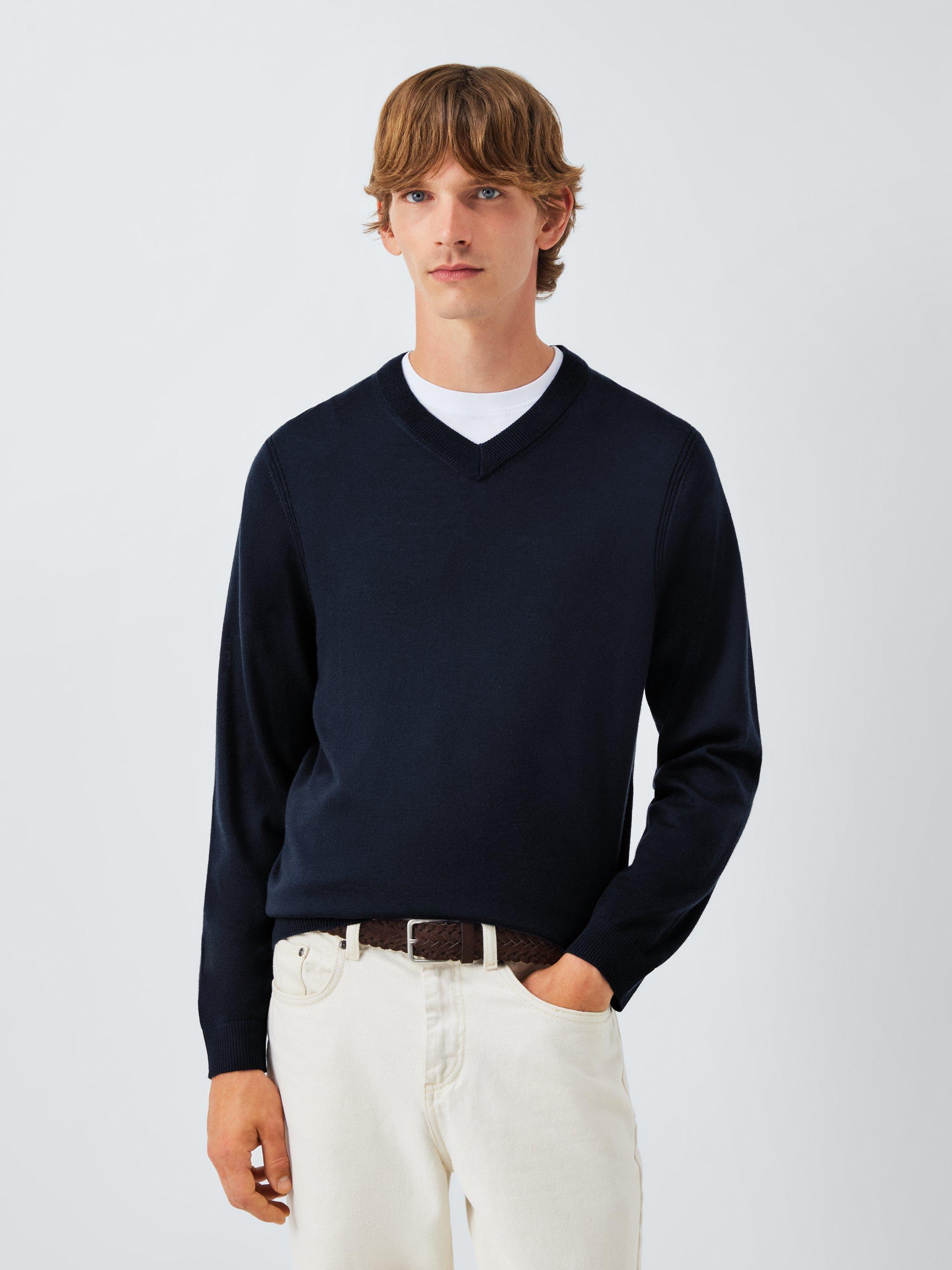 Product image 1 of 6, which shows John Lewis Merino Wool V-Neck Jumper, Sky Captain, M