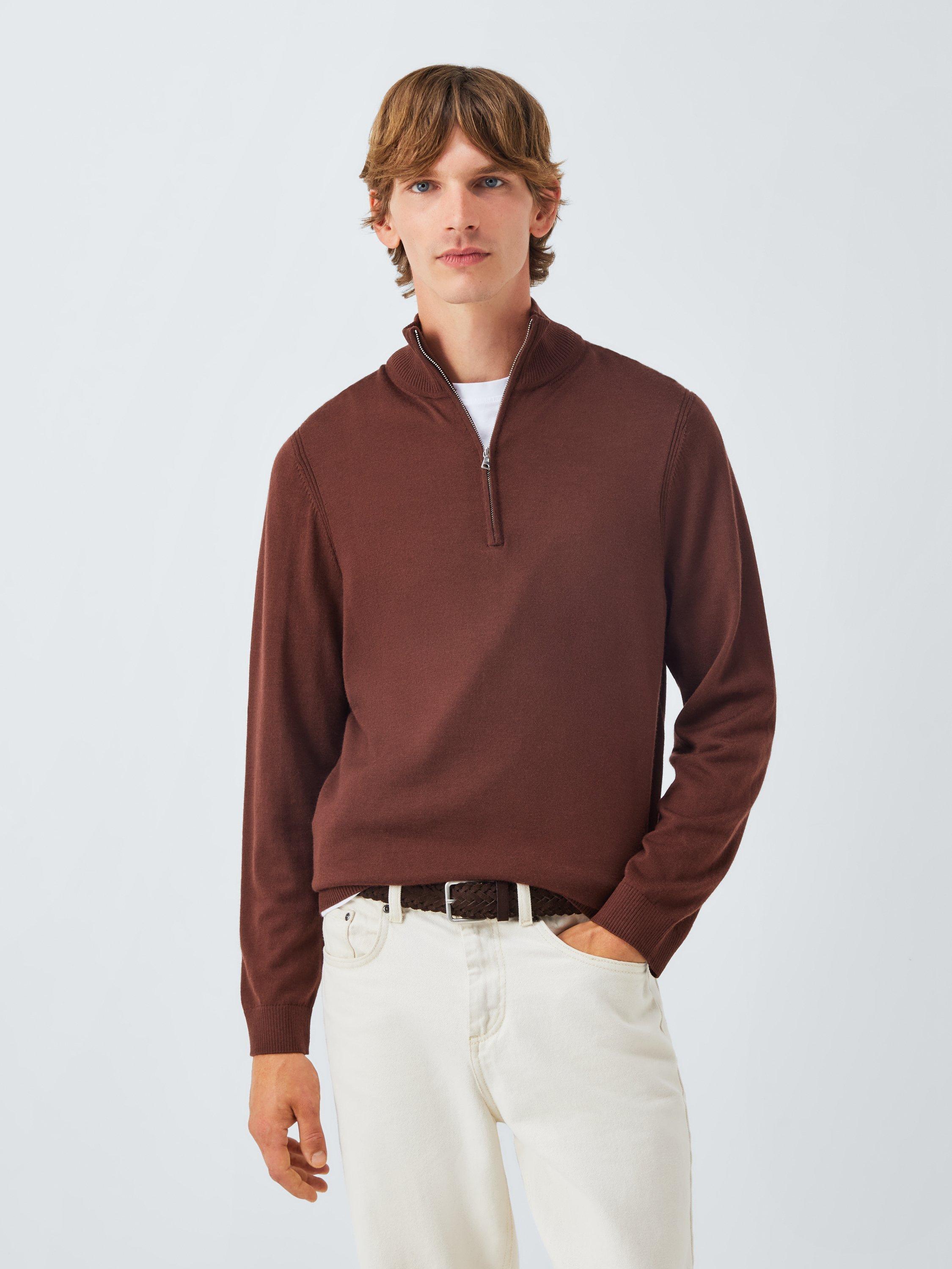 Product image 1 of 6, which shows John Lewis Merino Wool Half Zip Jumper, Bitter Chocolate, M