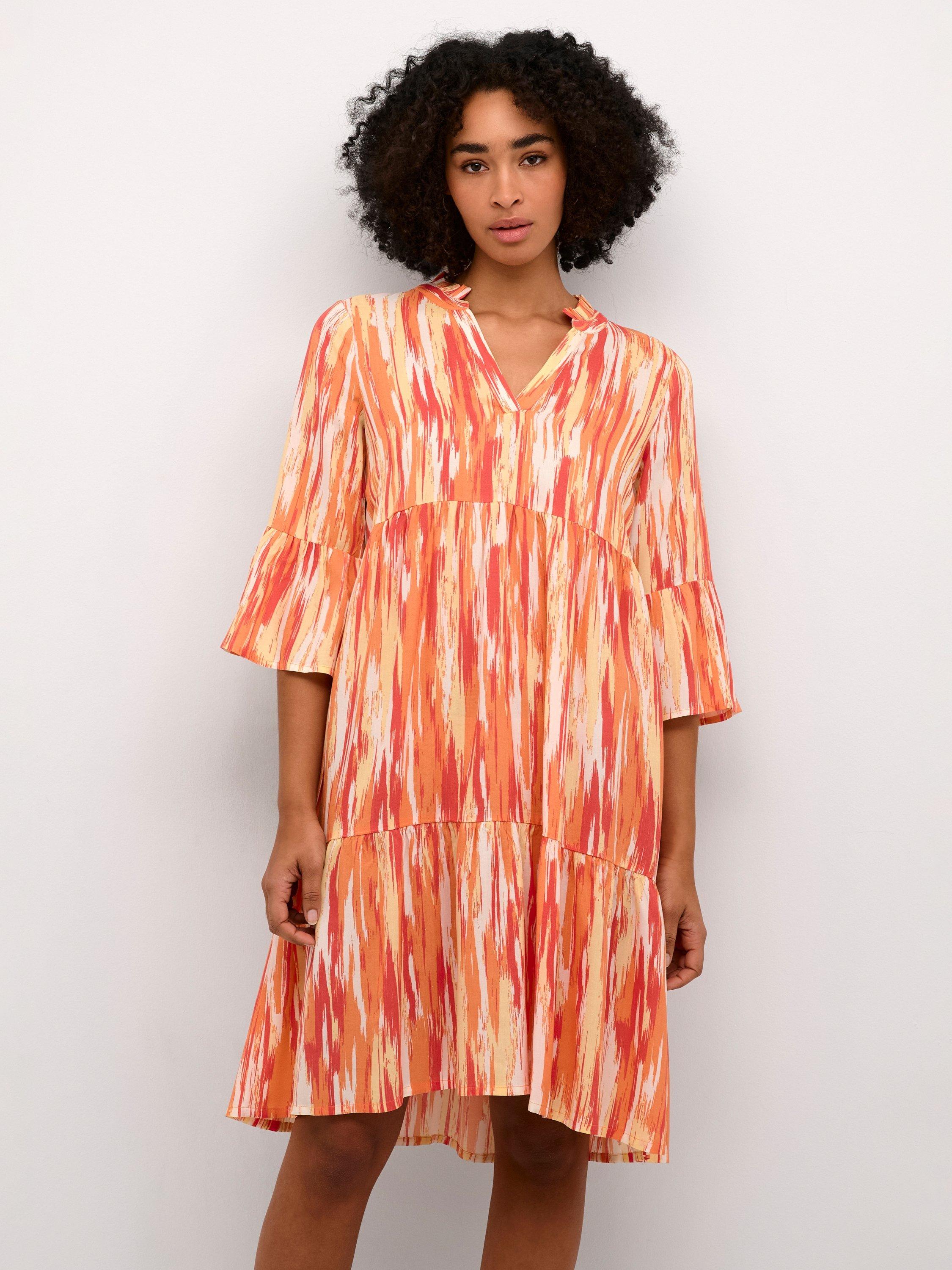 Product image 1 of 5, which shows KAFFE Arina 3/4 Sleeve A-Line Fit Dress, Orange/Multi, 8