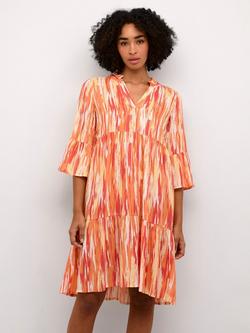 KAFFE Arina 3/4 Sleeve A-Line Fit Dress, Orange/Multi, Orange/Multi