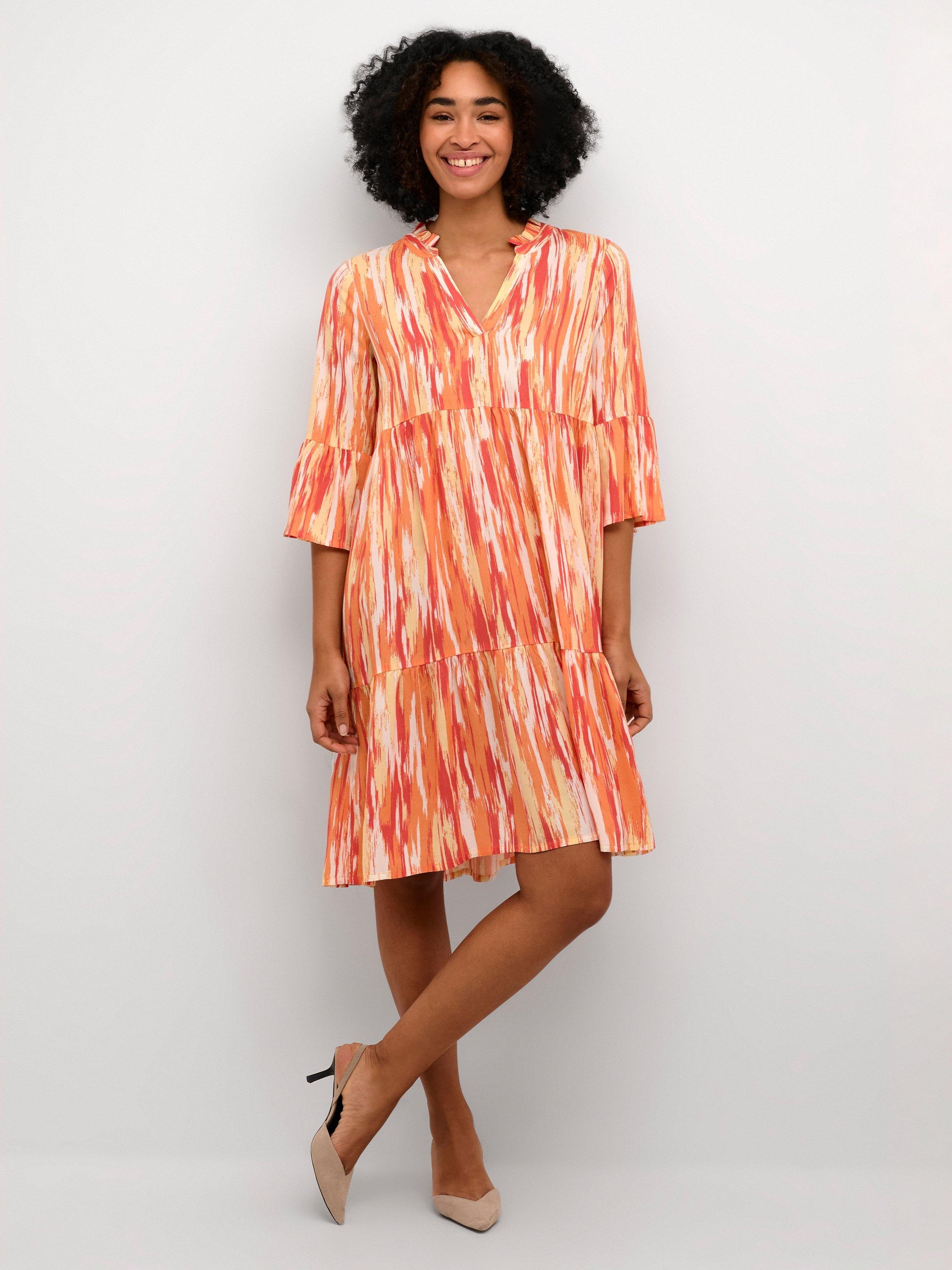 Product image 2 of 5, which shows KAFFE Arina 3/4 Sleeve A-Line Fit Dress, Orange/Multi, 8