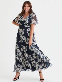 Scarlett & Jo Isabelle Floral Angel Sleeve Maxi Dress, Navy/Ivory, Navy/Ivory