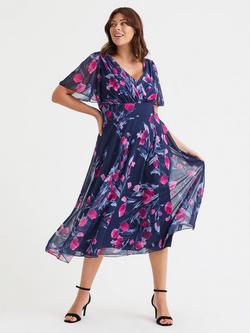 Scarlett & Jo Victoria Floral Angel Sleeve Mesh Midi Dress, Navy/Pink, Navy/Pink