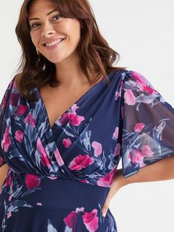 Scarlett & Jo Victoria Floral Angel Sleeve Mesh Midi Dress, Navy/Pink - view 2, Navy/Pink