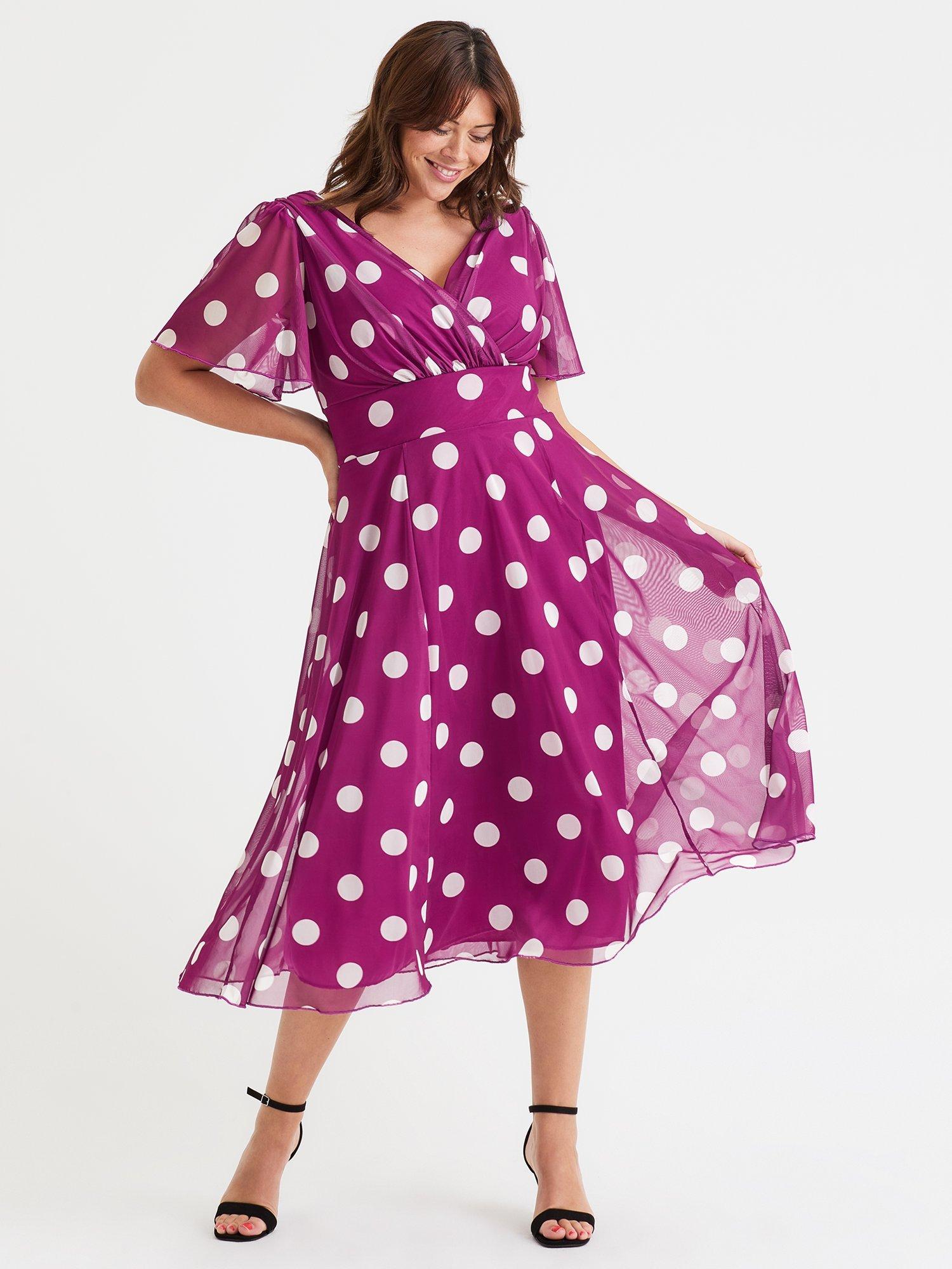 Product image 1 of 4, which shows Scarlett & Jo Victoria Polka Dot Angel Sleeve Mesh Midi Dress, Magenta, 12