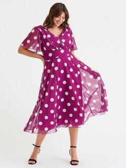 Scarlett & Jo Victoria Polka Dot Angel Sleeve Mesh Midi Dress, Magenta, Magenta