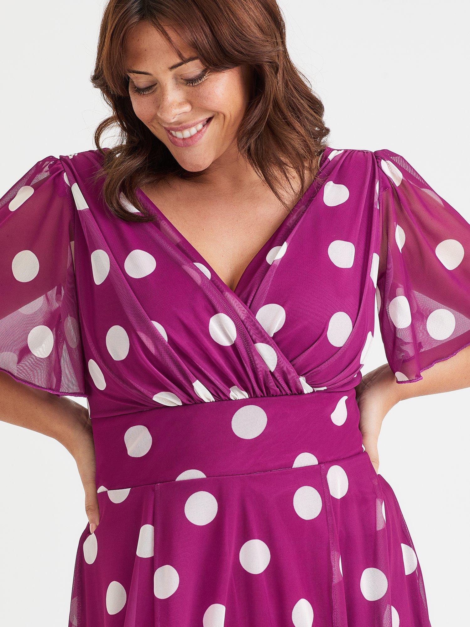 Product image 2 of 4, which shows Scarlett & Jo Victoria Polka Dot Angel Sleeve Mesh Midi Dress, Magenta, 12