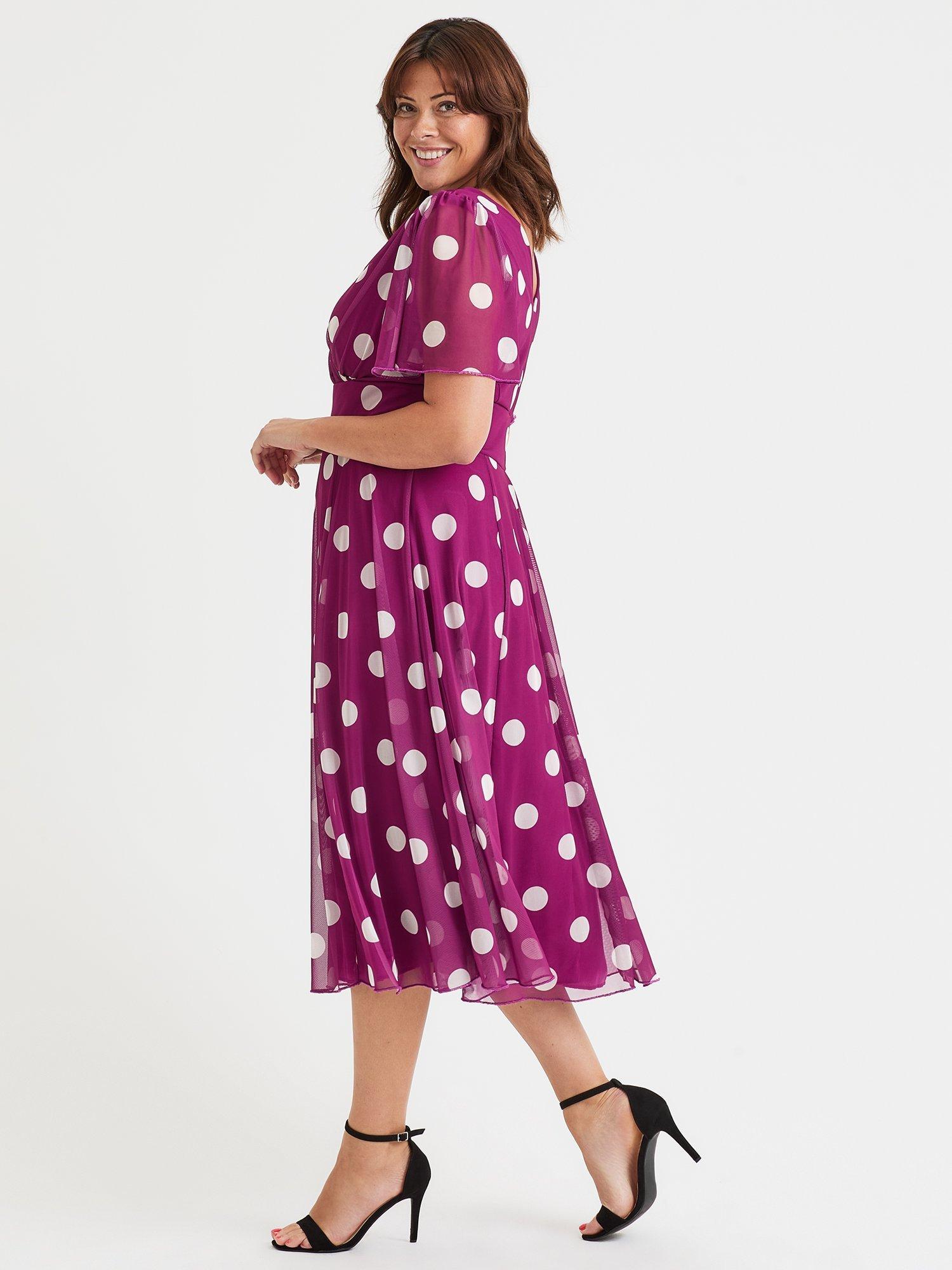 Product image 3 of 4, which shows Scarlett & Jo Victoria Polka Dot Angel Sleeve Mesh Midi Dress, Magenta, 12