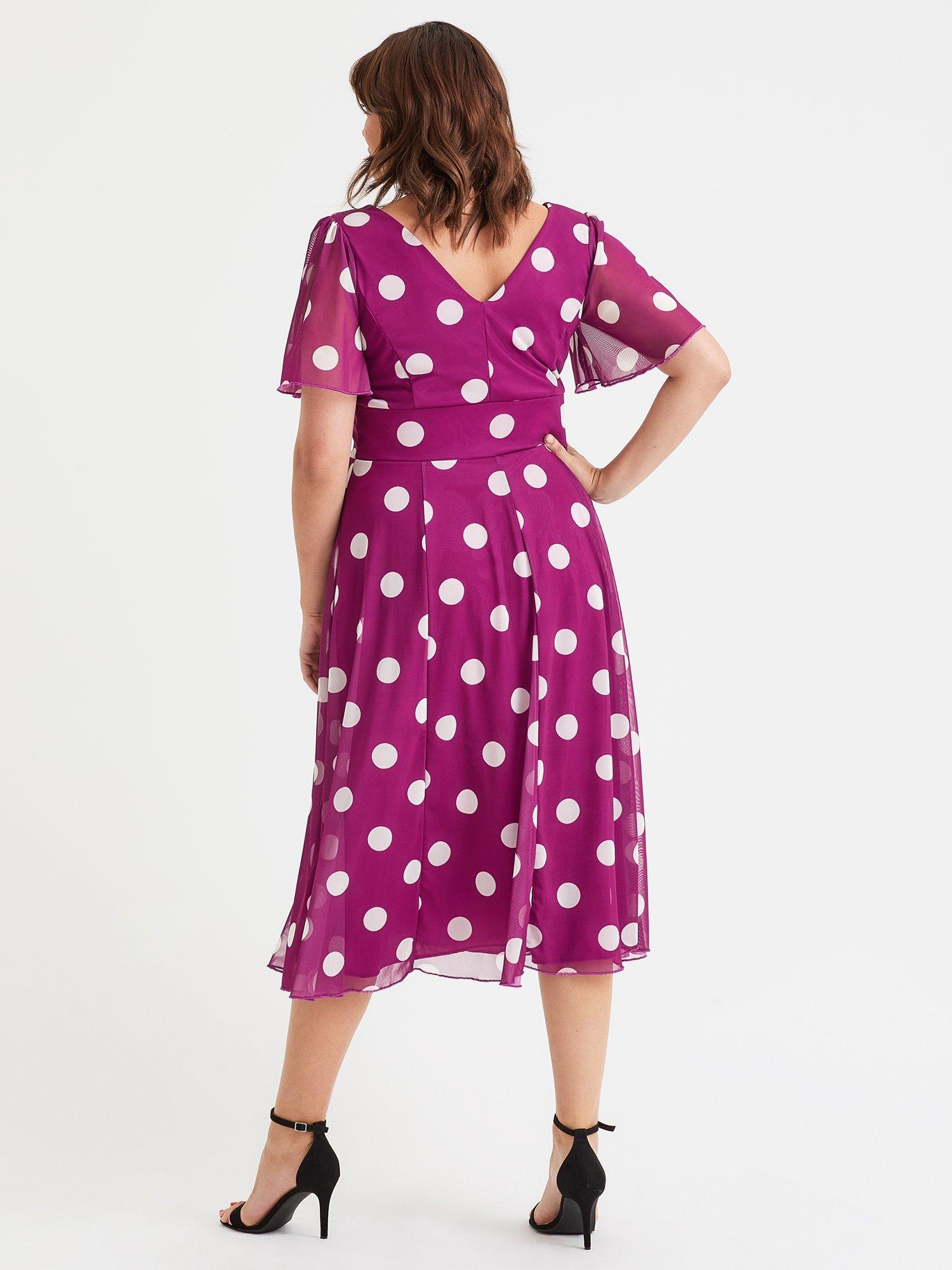 Product image 4 of 4, which shows Scarlett & Jo Victoria Polka Dot Angel Sleeve Mesh Midi Dress, Magenta, 12