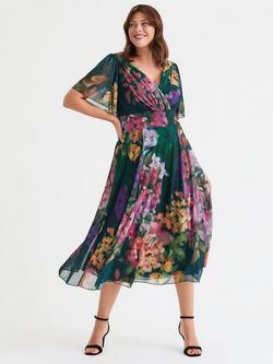 Scarlett & Jo Victoria Floral Angel Sleeve Mesh Midi Dress, Green/Multi, Green/Multi