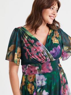 Scarlett & Jo Victoria Floral Angel Sleeve Mesh Midi Dress, Green/Multi - view 2, Green/Multi